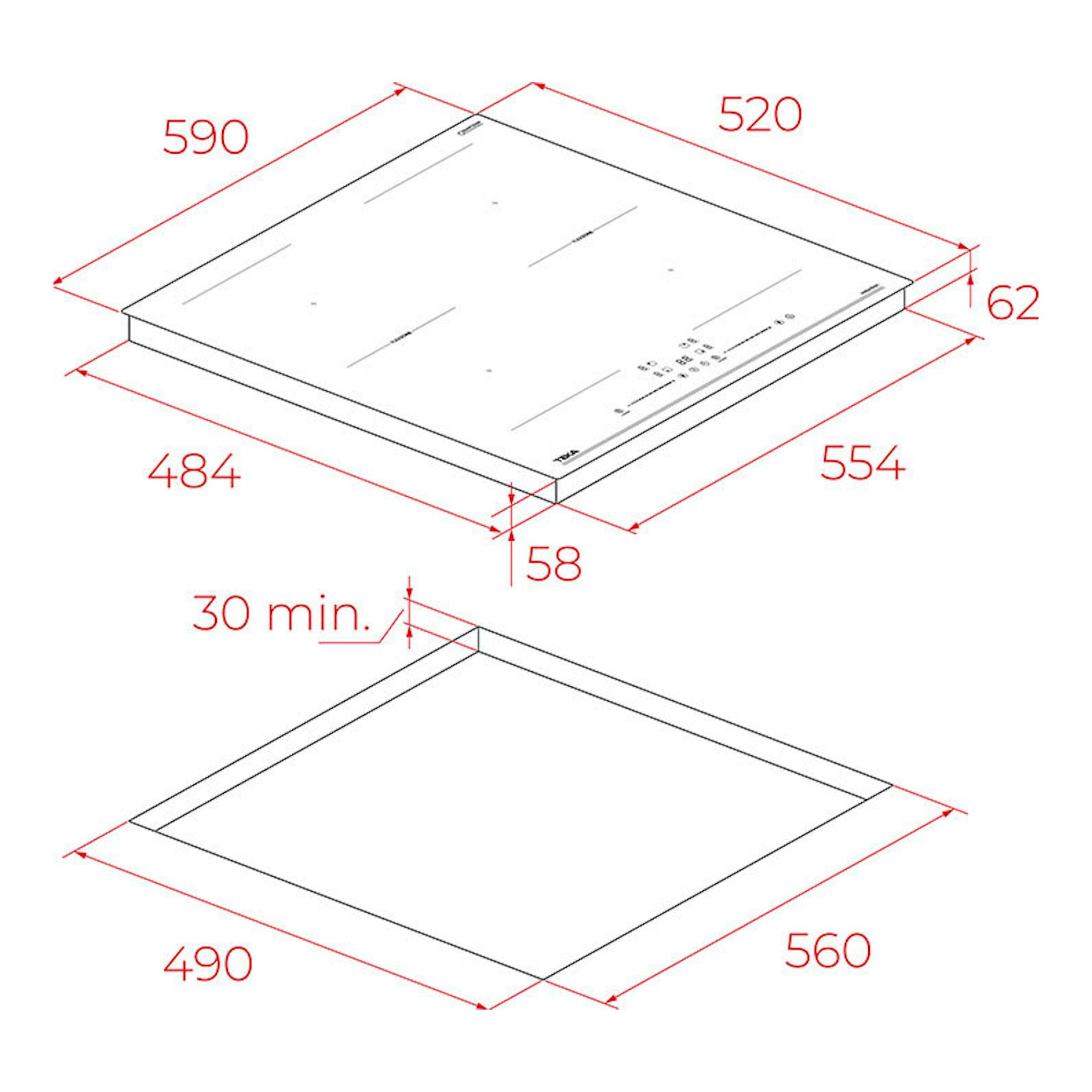 Teka IBF66100DSS: placa de inducción negra, vista en perspectiva con medidas y hueco de encastre.