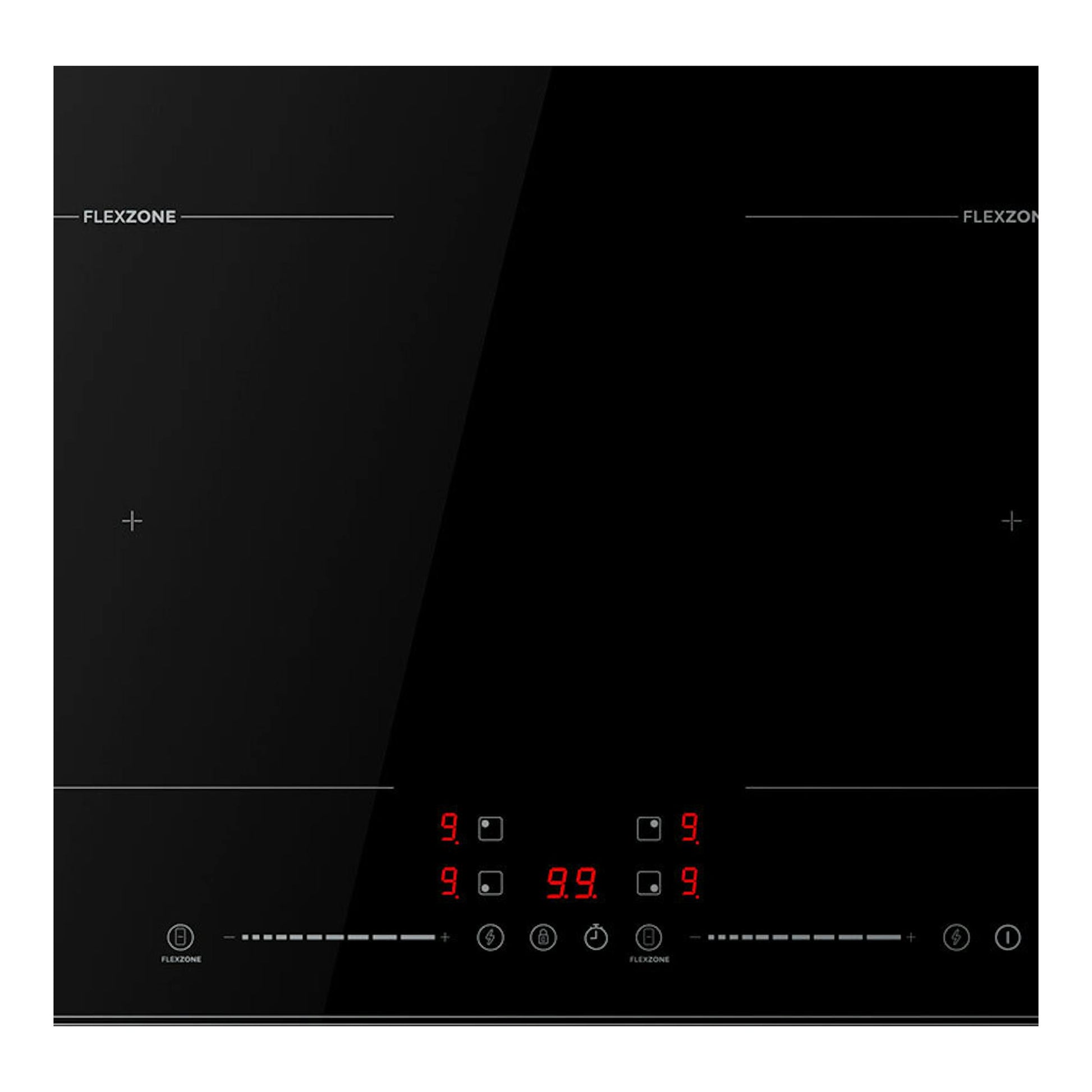 Placa de inducción negra Teka IBF66100DSS, vista superior, con dos zonas Flexzone y panel táctil rojo.