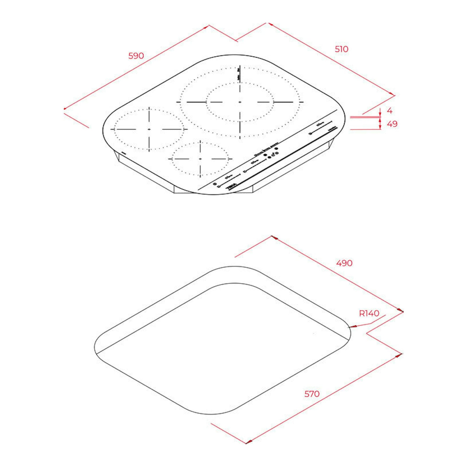Plano técnico de placa de inducción Teka IKC 63320 MSP negra, vista isométrica con medidas 590 x 510 mm.