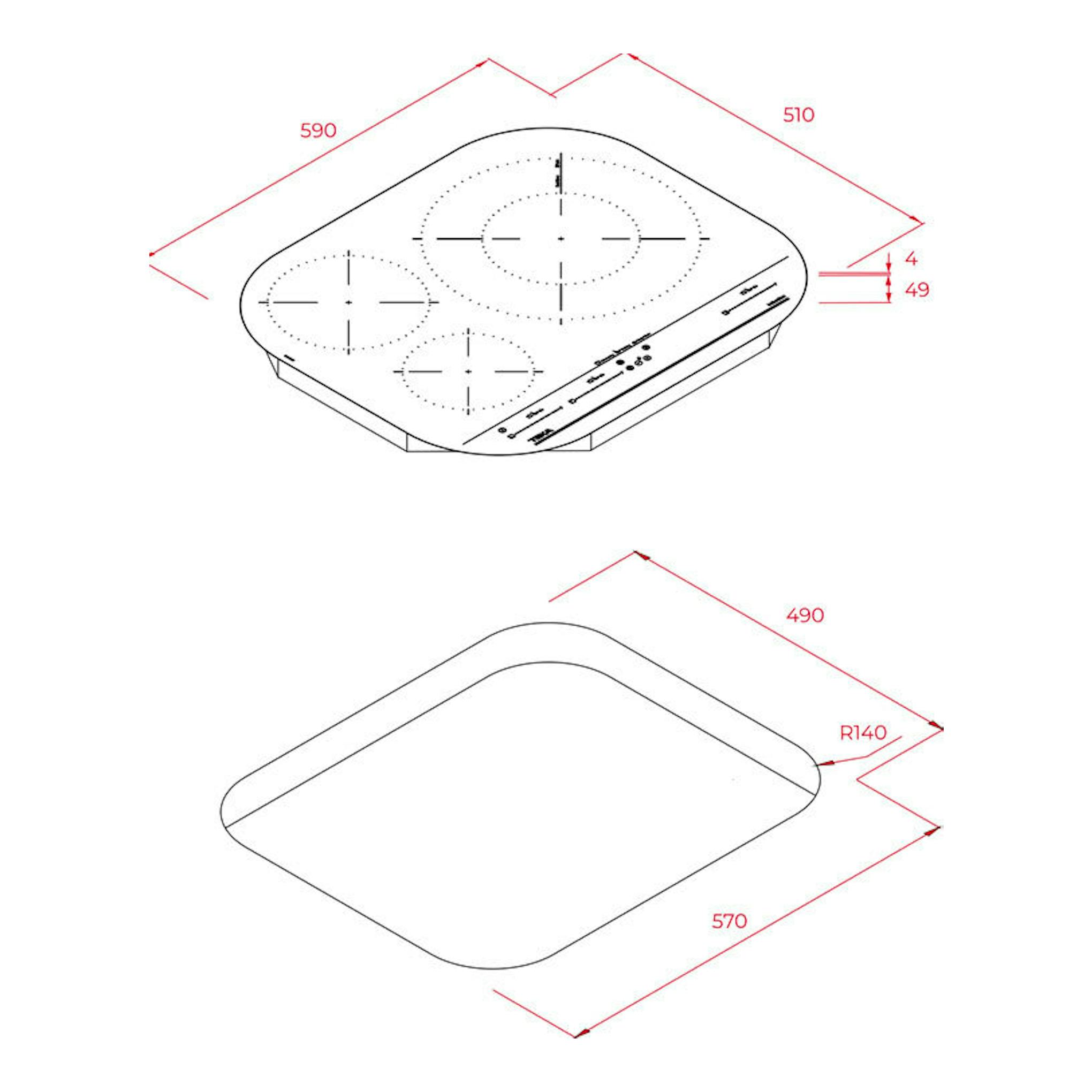 Plano técnico de placa de inducción Teka IKC 63320 MSP negra, vista isométrica con medidas 590 x 510 mm.