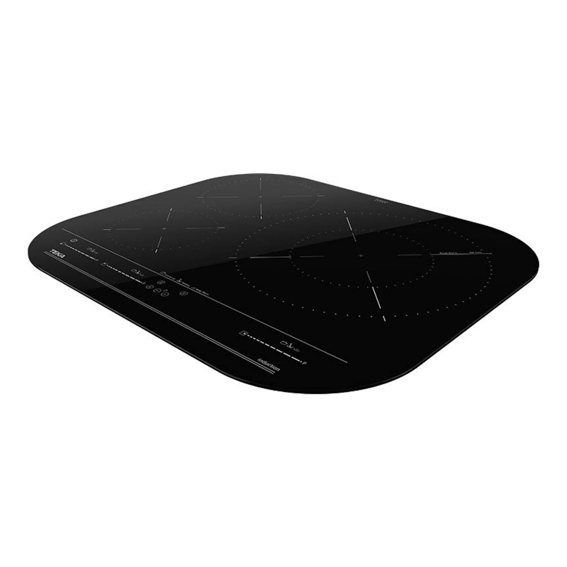 Placa de inducción Teka IKC 63320 MSP negra, vista en perspectiva con cuatro zonas de cocción.