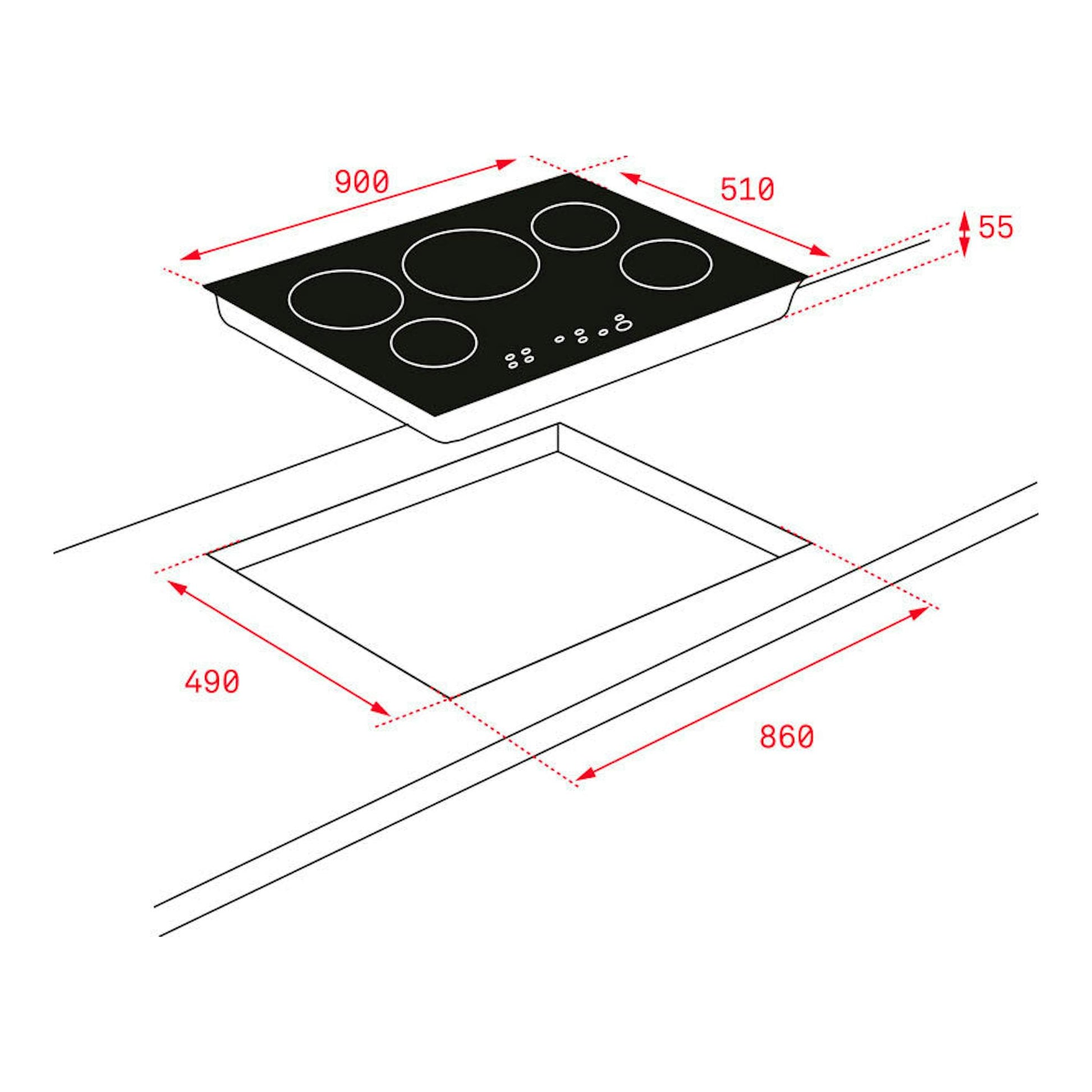 Placa de inducción Teka IR 9530 negra, vista isométrica, con medidas 900x510 mm y hueco 860x490 mm