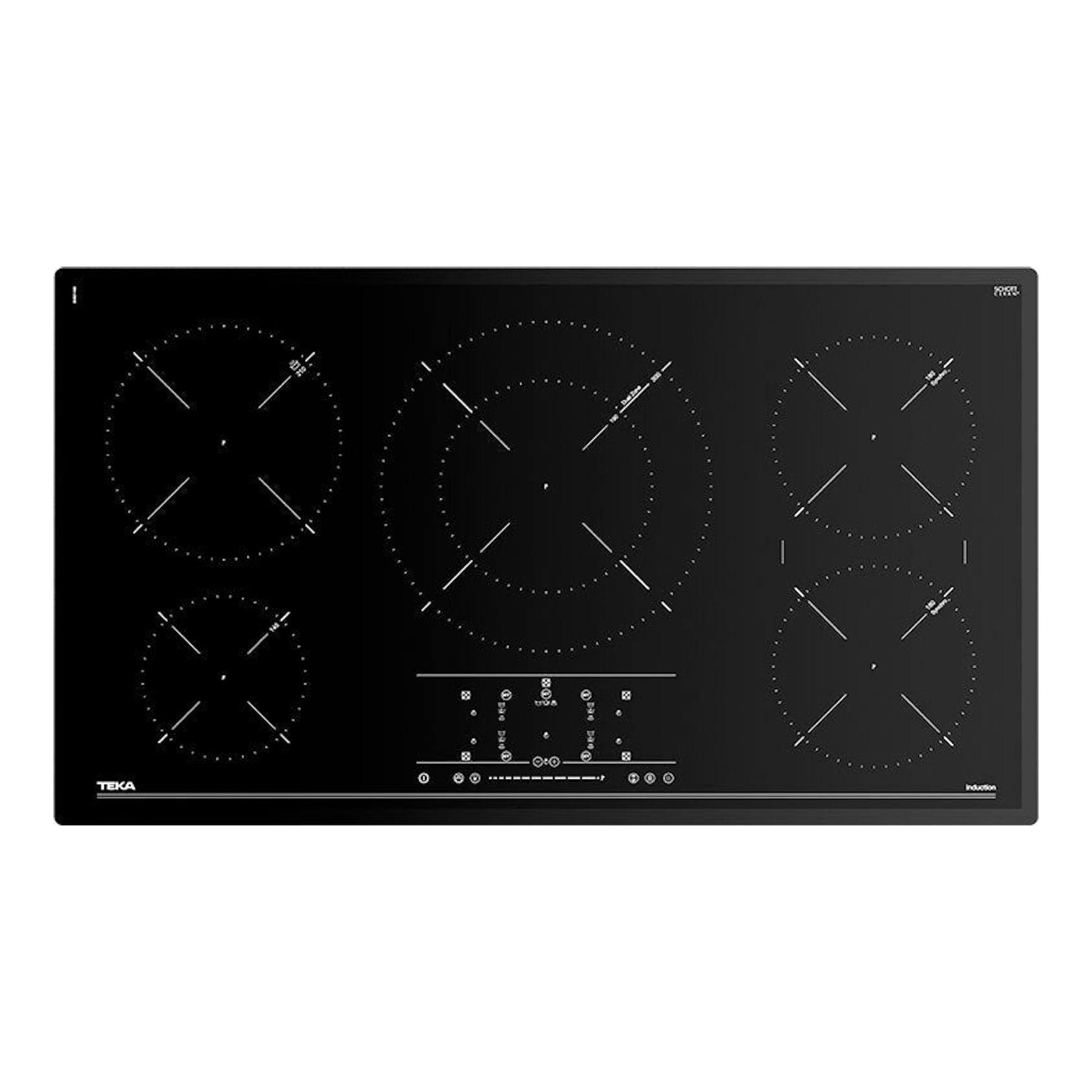Placa de inducción Teka negra, vista cenital, con cinco zonas de cocción y controles táctiles centrales.