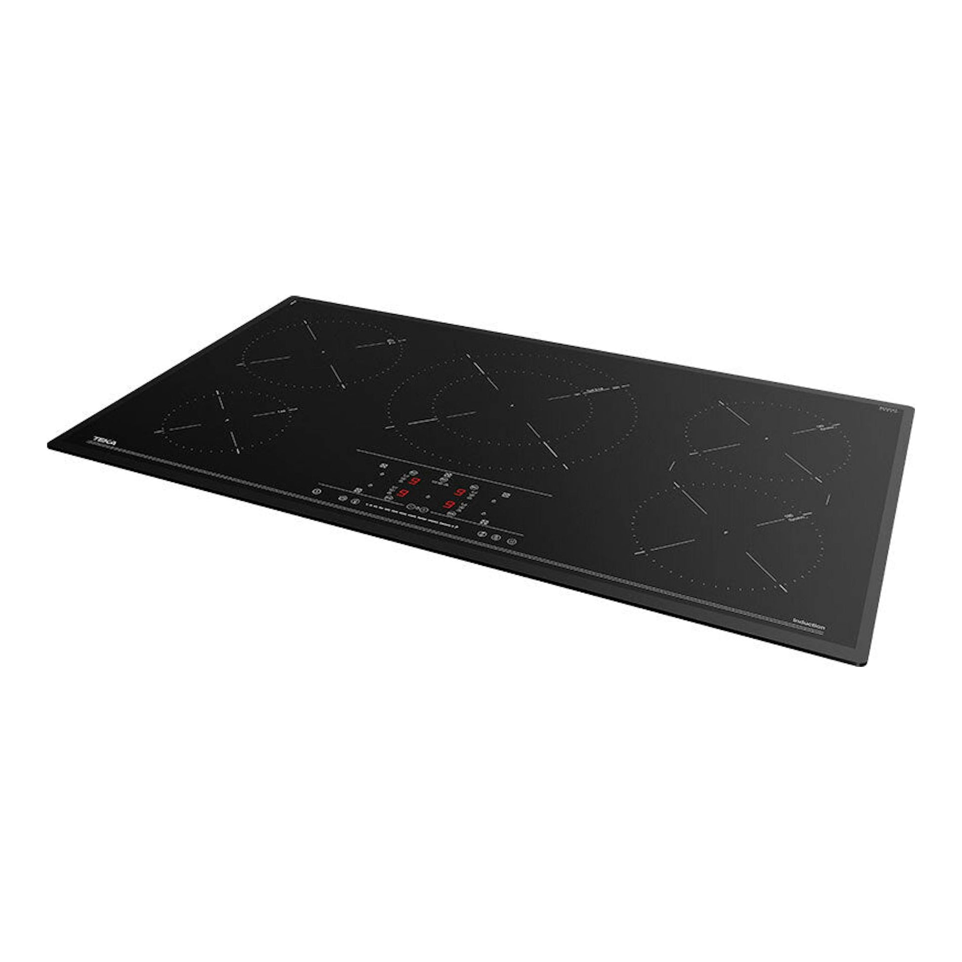 Placa de inducción Teka IR 9530 negra, vista en perspectiva con cinco zonas de cocción.