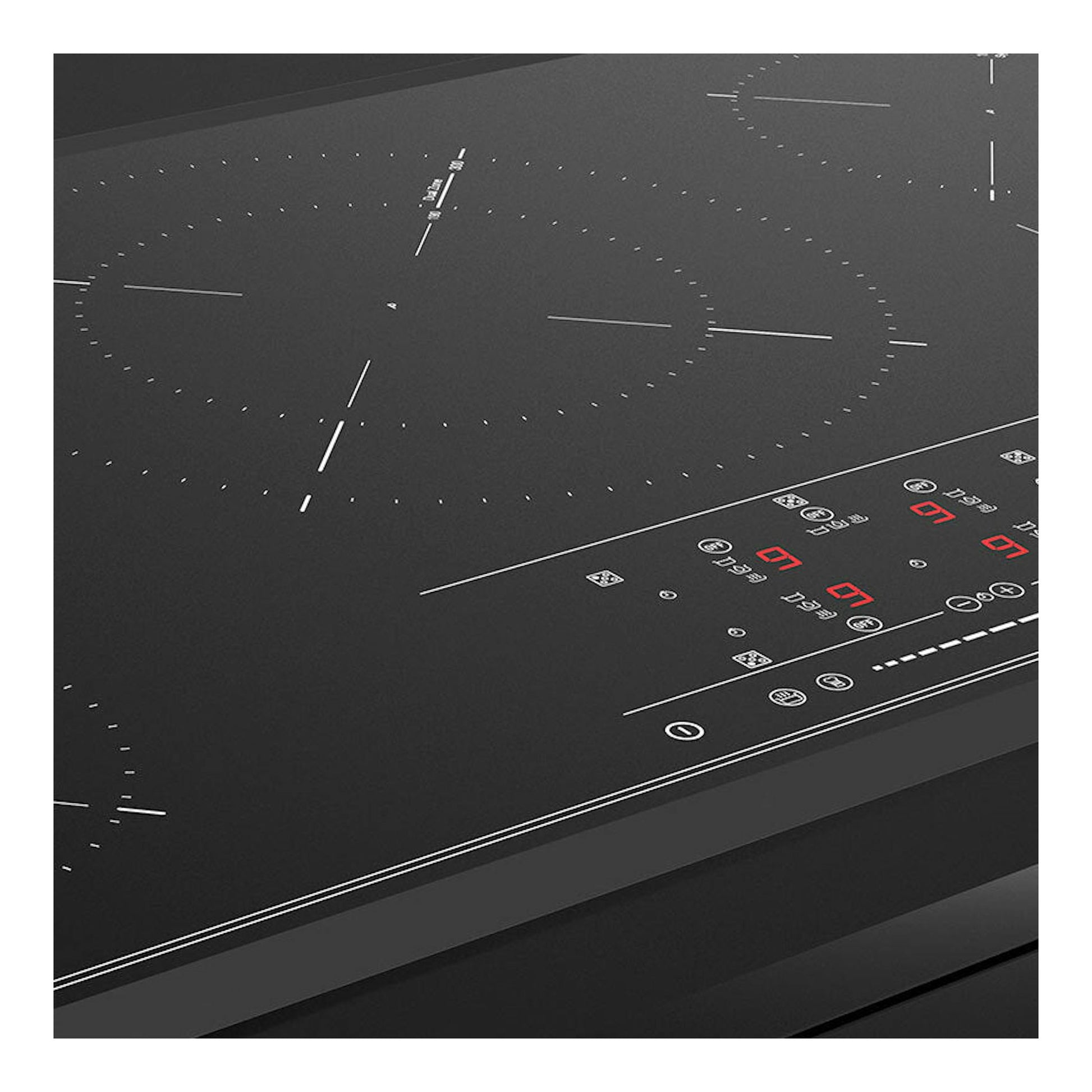 Placa de inducción Teka IR 9530 negra, vista en ángulo con panel táctil iluminado en rojo.