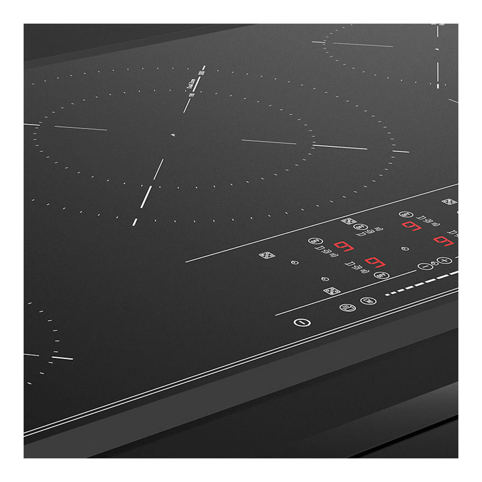 Placa de inducción Teka IR 9530 negra, vista en ángulo con panel táctil iluminado en rojo.