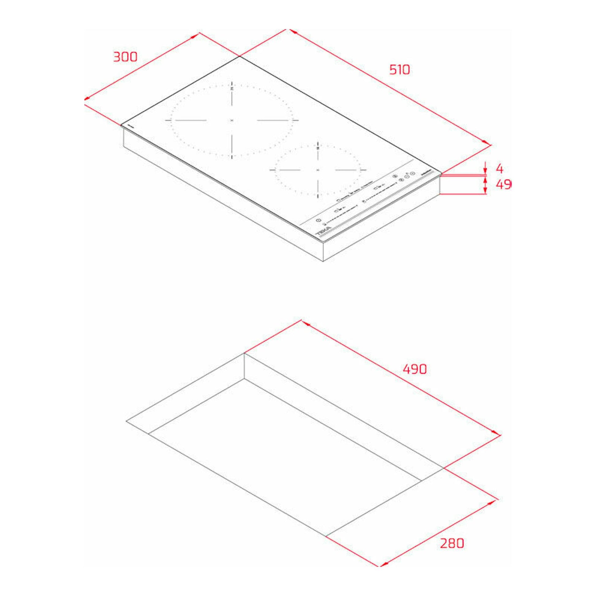 Diagrama técnico de placa de inducción Teka IZC 32310 MSP BK, vista isométrica en blanco y negro con cotas rojas.