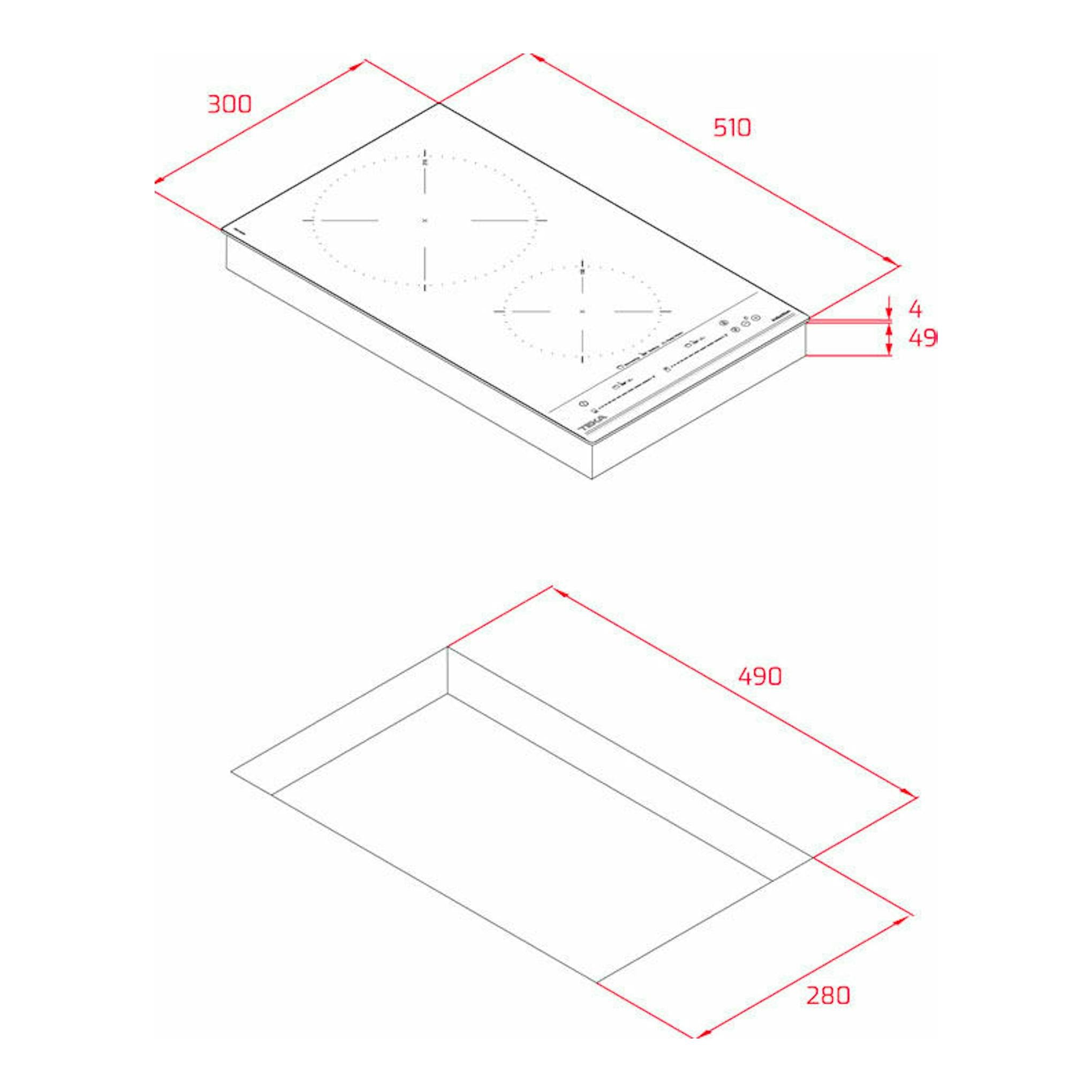 Diagrama técnico de placa de inducción Teka IZC 32310 MSP BK, vista isométrica en blanco y negro con cotas rojas.