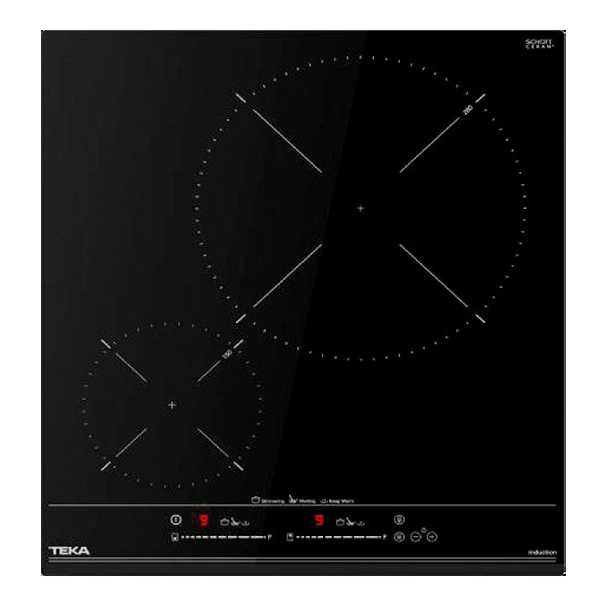 Placa de inducción Teka IZC 42400 MSP negra, vista frontal, con dos zonas de cocción circulares.