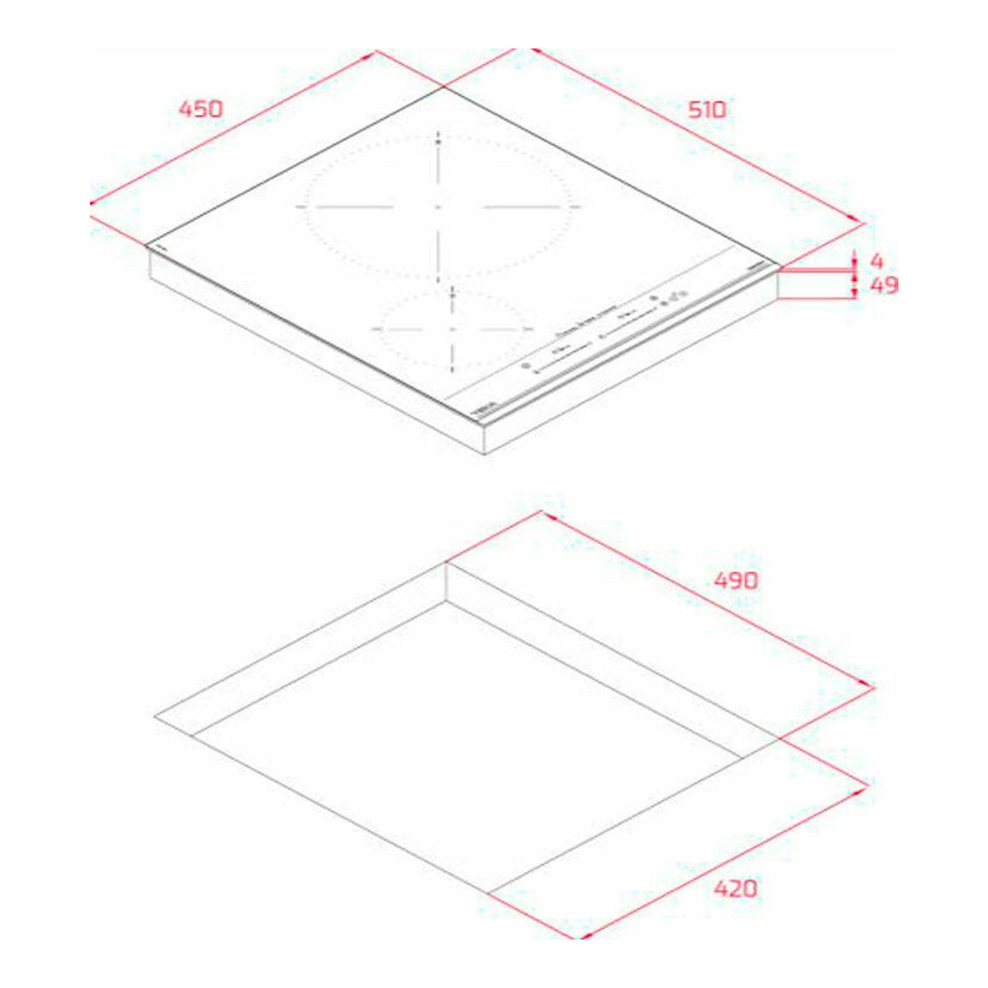 Placa de inducción Teka IZC 42400 MSP en vista isométrica, con medidas 450x510 mm y hueco 490x420 mm.