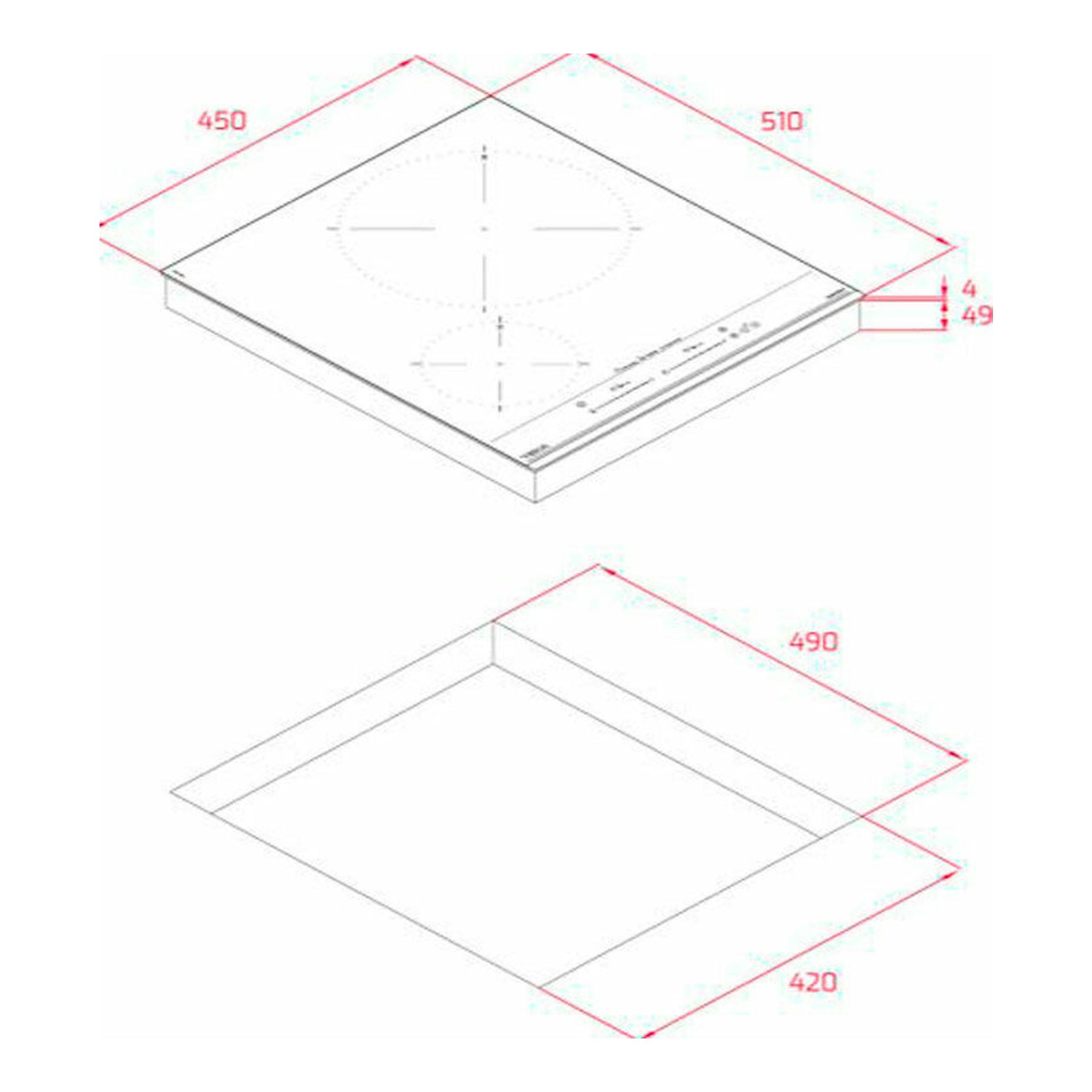 Placa de inducción Teka IZC 42400 MSP en vista isométrica, con medidas 450x510 mm y hueco 490x420 mm.