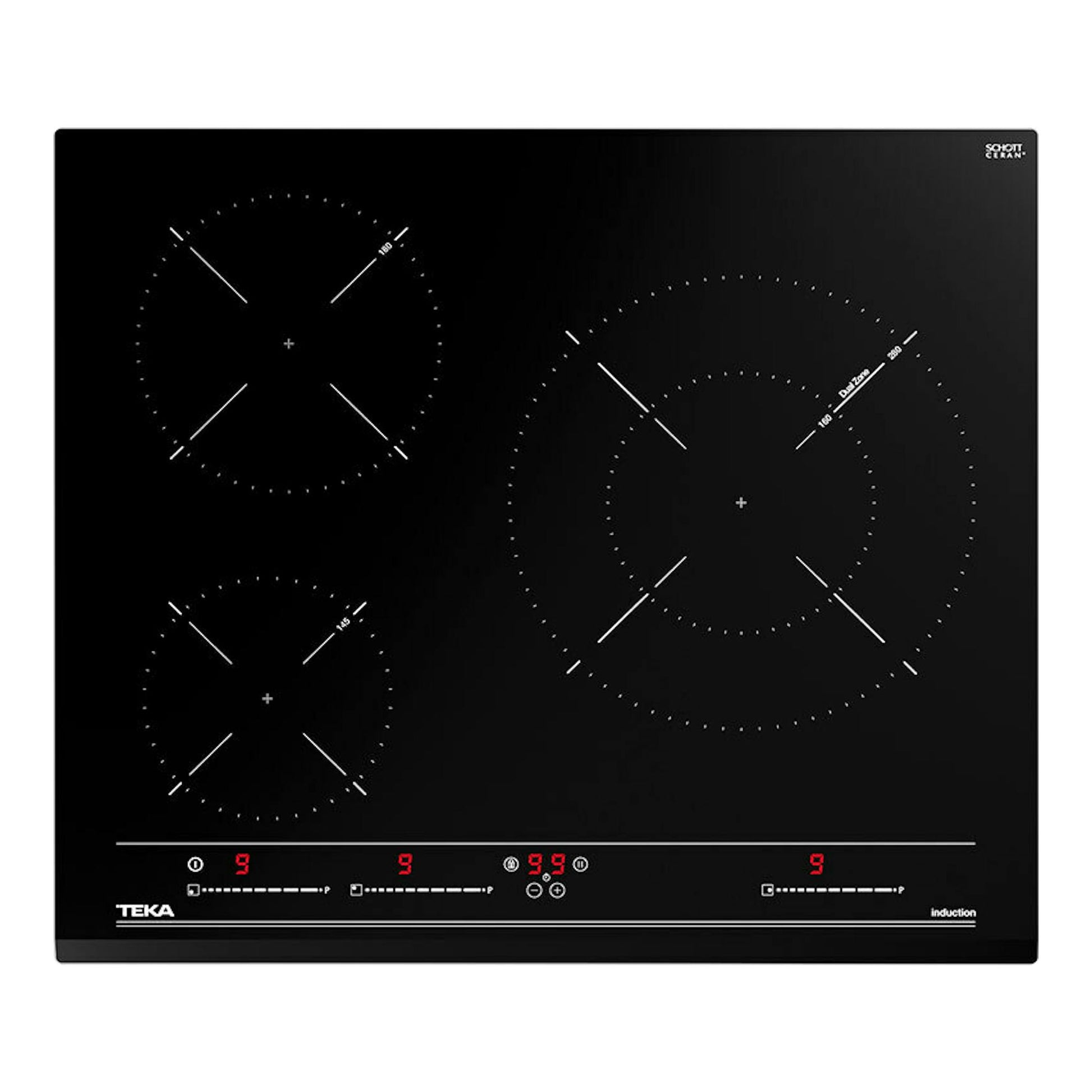 Placa de inducción Teka negra, vista frontal, con cuatro zonas de cocción y controles táctiles en la parte inferior.