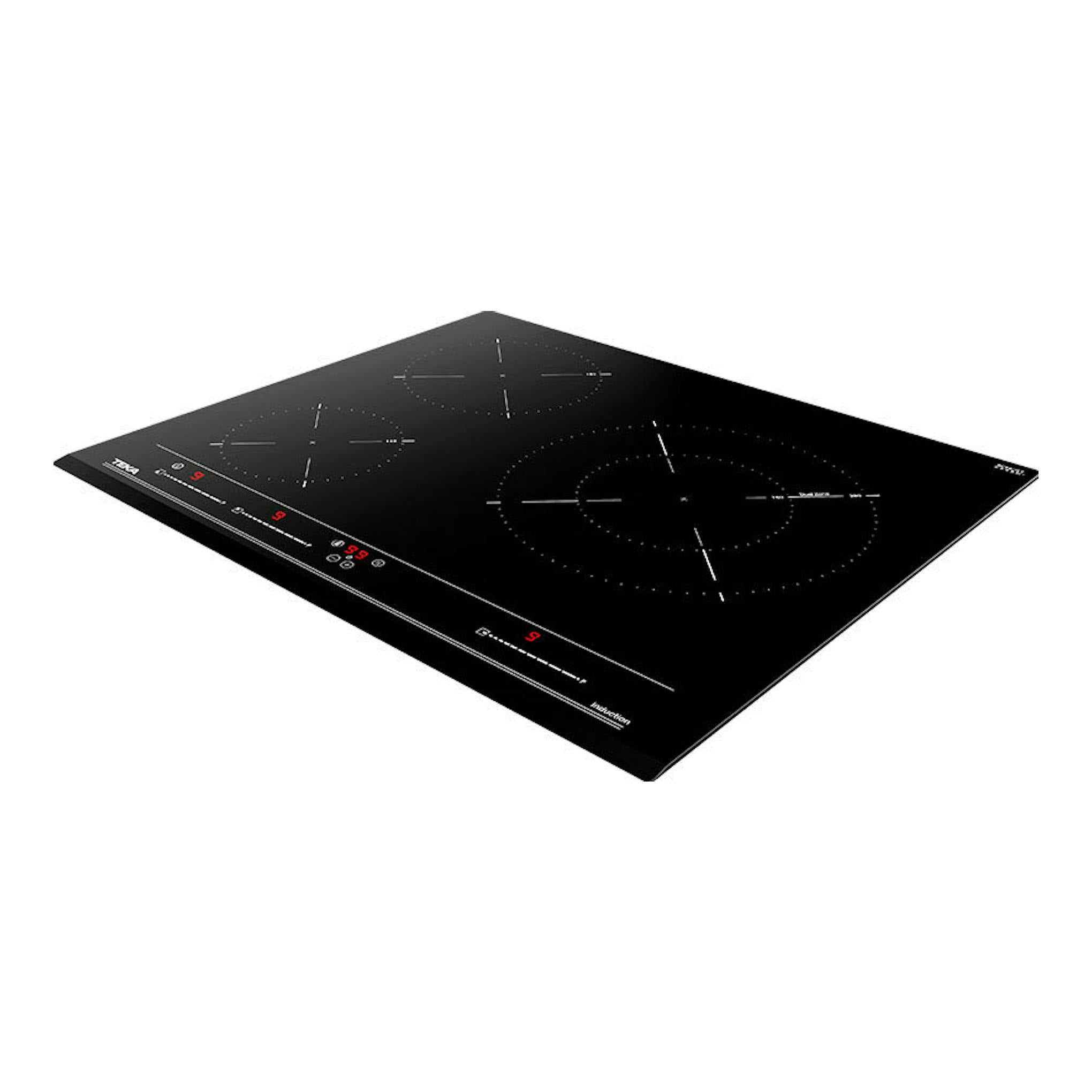 Placa de inducción Teka IZC 63015 MSS negra, vista en perspectiva con cuatro zonas de cocción.