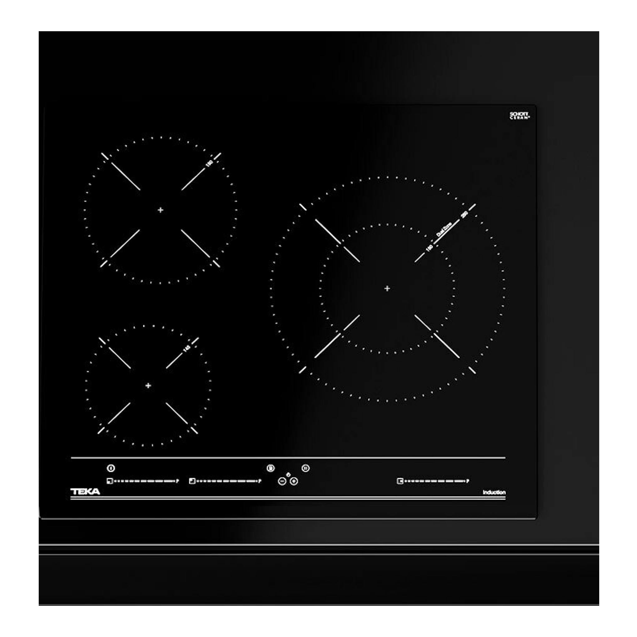 Placa de inducción Teka IZC 63015 MSS negra, vista frontal, con tres zonas de cocción y controles táctiles.