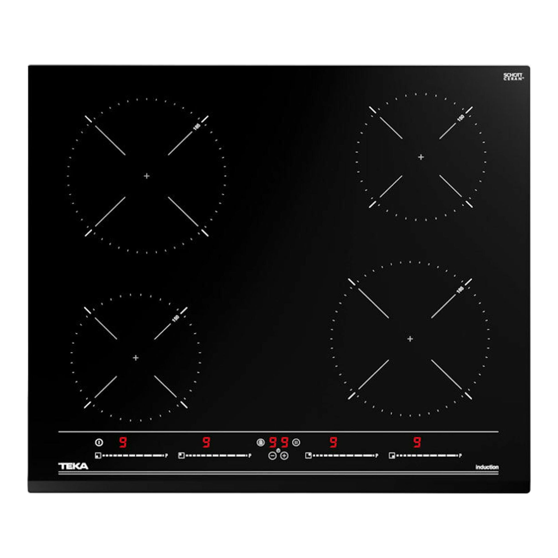 Placa de inducción Teka negra, vista frontal, con cuatro zonas circulares y panel táctil inferior.