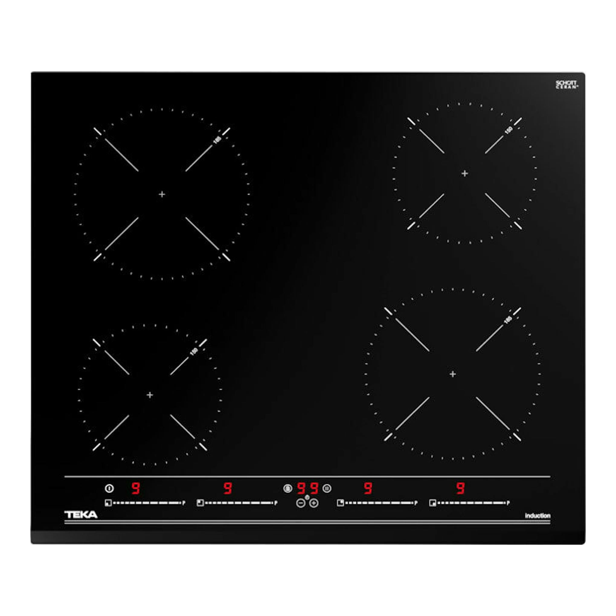 Placa de inducción Teka negra, vista frontal, con cuatro zonas circulares y panel táctil inferior.