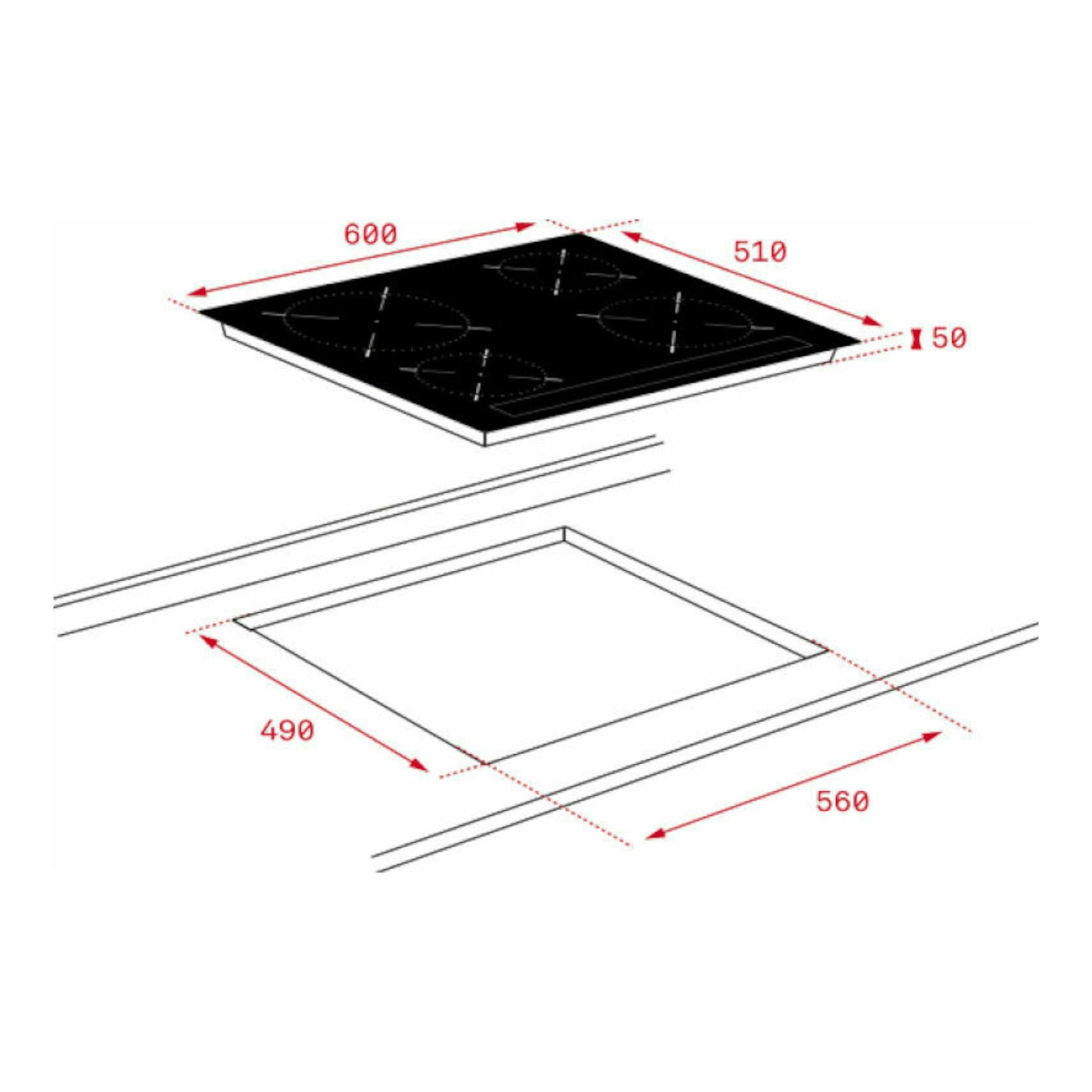 Teka IZC 64010 MSS: placa de inducción negra en vista isométrica con cotas de instalación y hueco de encastre.
