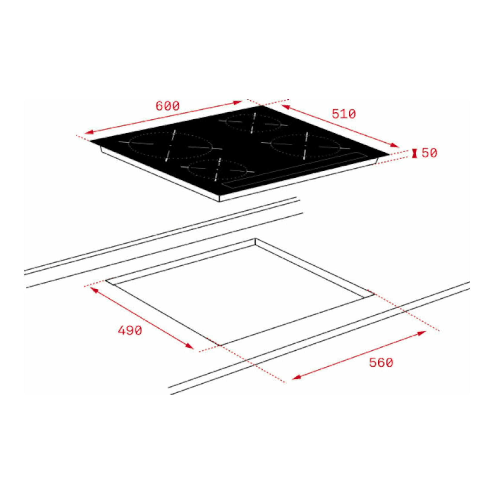Teka IZC 64010 MSS: placa de inducción negra en vista isométrica con cotas de instalación y hueco de encastre.
