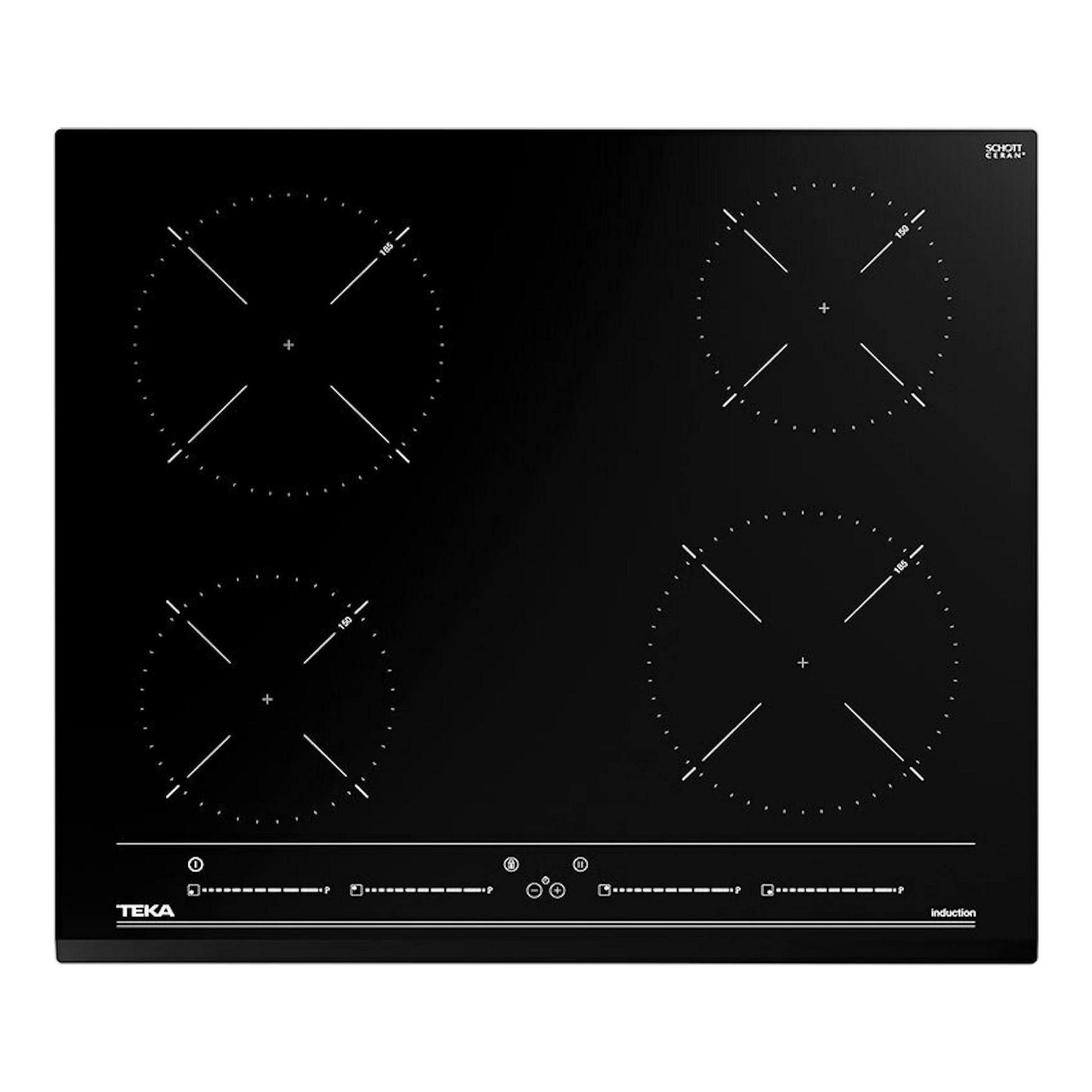 Placa de inducción Teka IZC 64010 MSS negra, vista frontal, con 4 zonas de cocción circulares.
