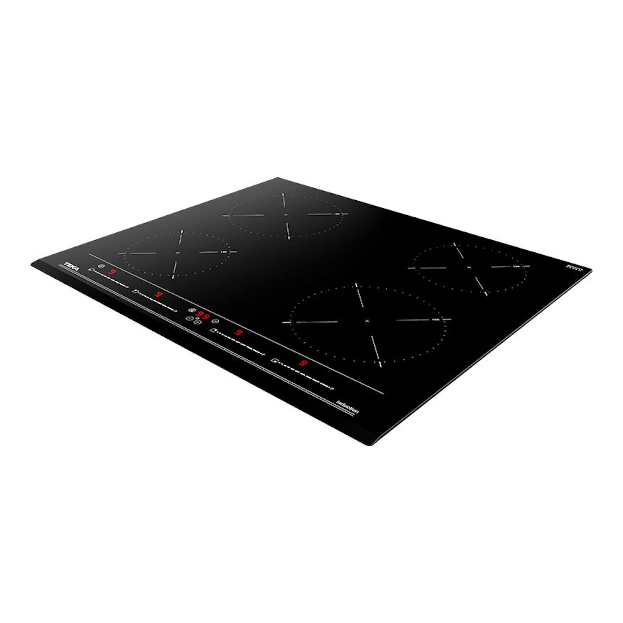 Placa de inducción Teka IZC 64010 MSS negra, vista en perspectiva con cuatro zonas de cocción.