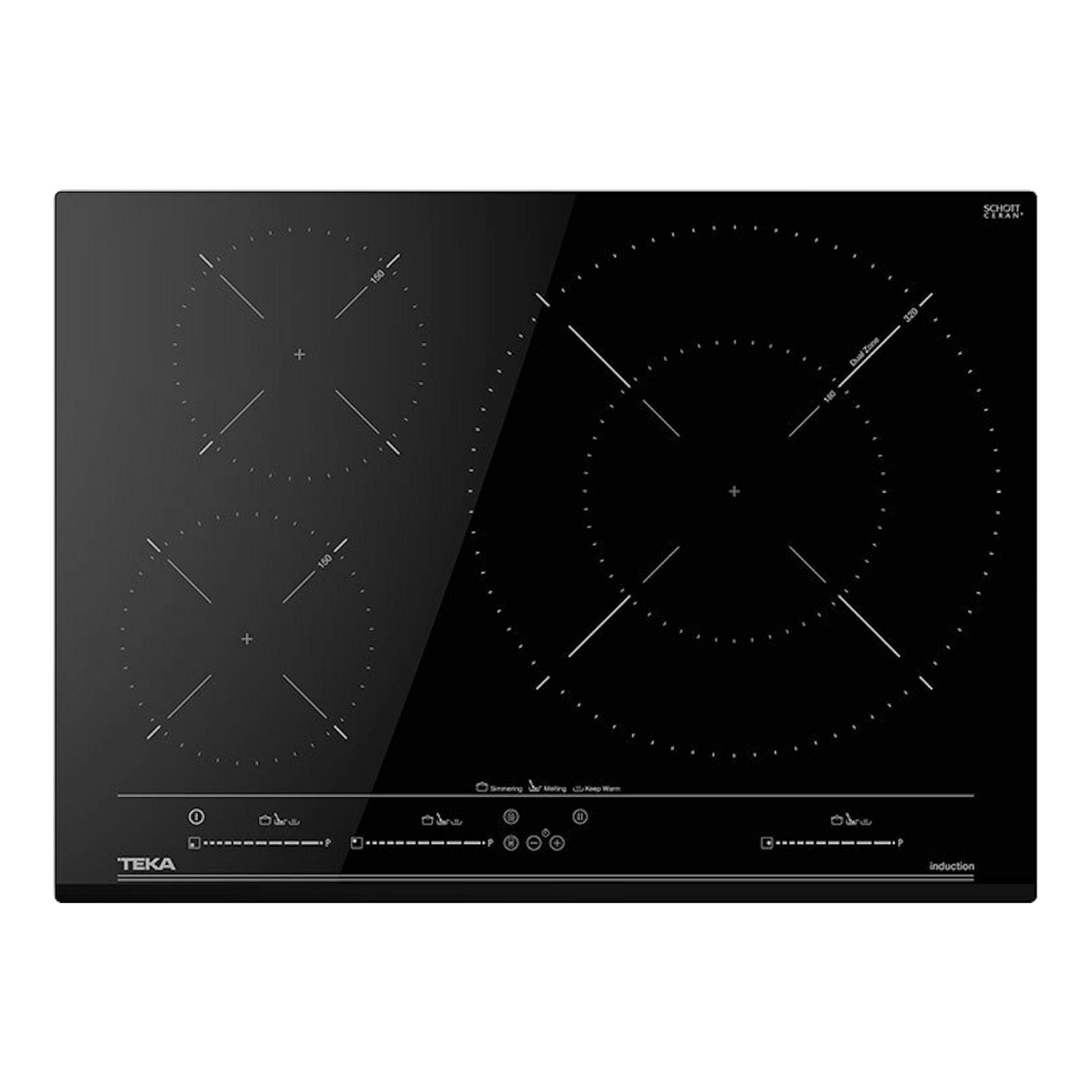 Placa de inducción Teka IZC53320MSP negra, vista frontal, con 3 zonas y panel táctil.