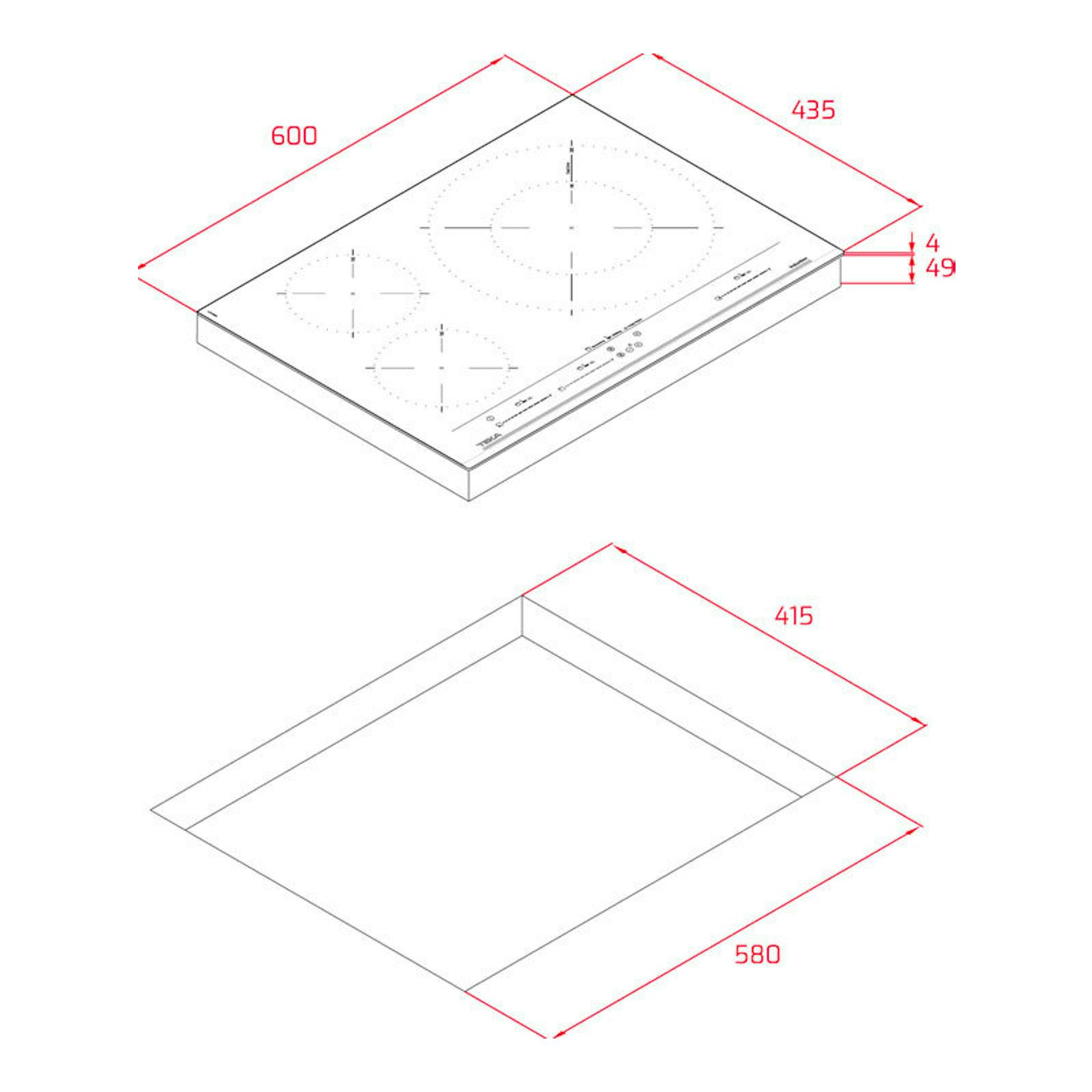 Placa de inducción Teka IZC53320MSP, vista isométrica en blanco, con medidas 600x435 mm y hueco 580x415 mm.