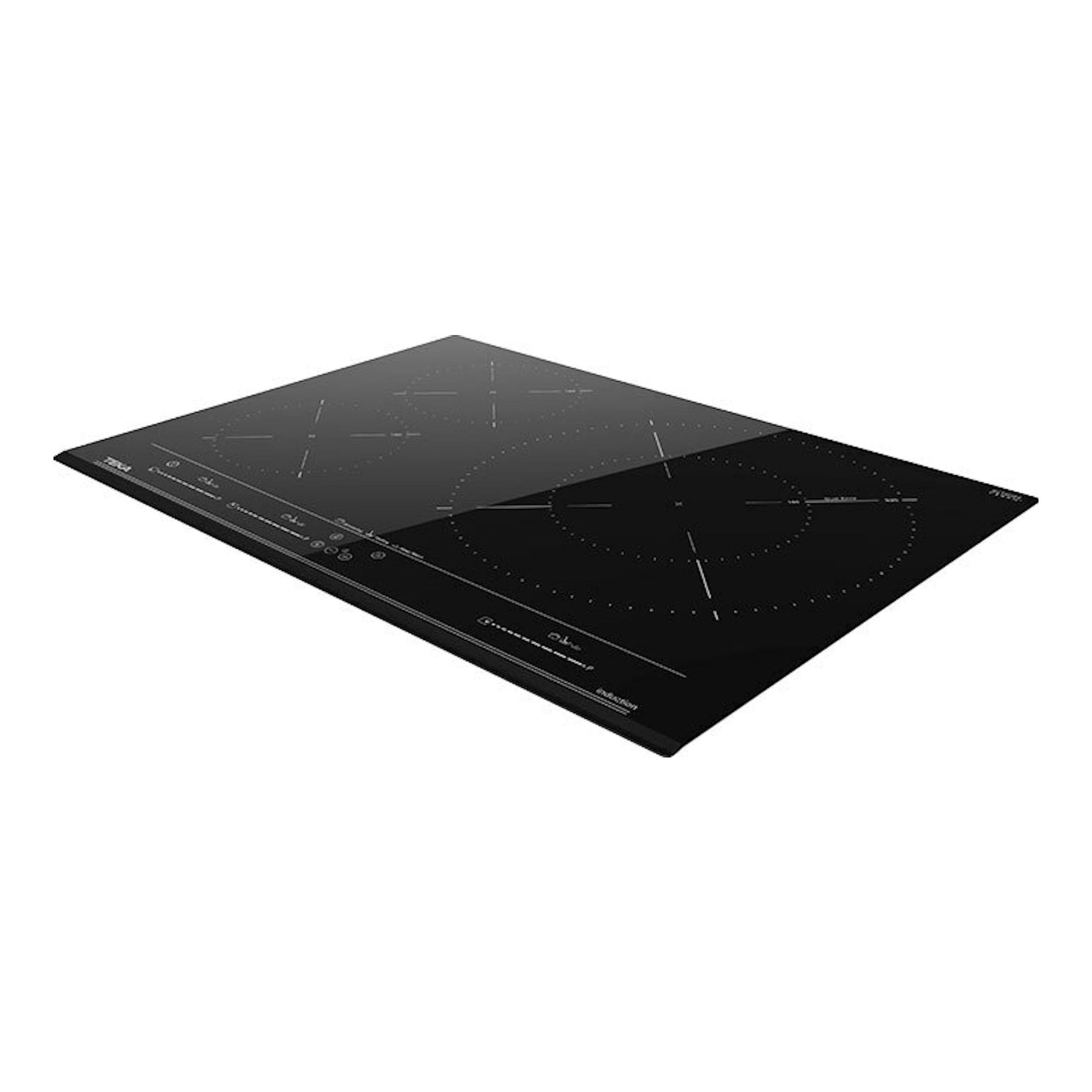Placa de inducción Teka IZC53320MSP negra, vista en perspectiva, con cuatro zonas de cocción.