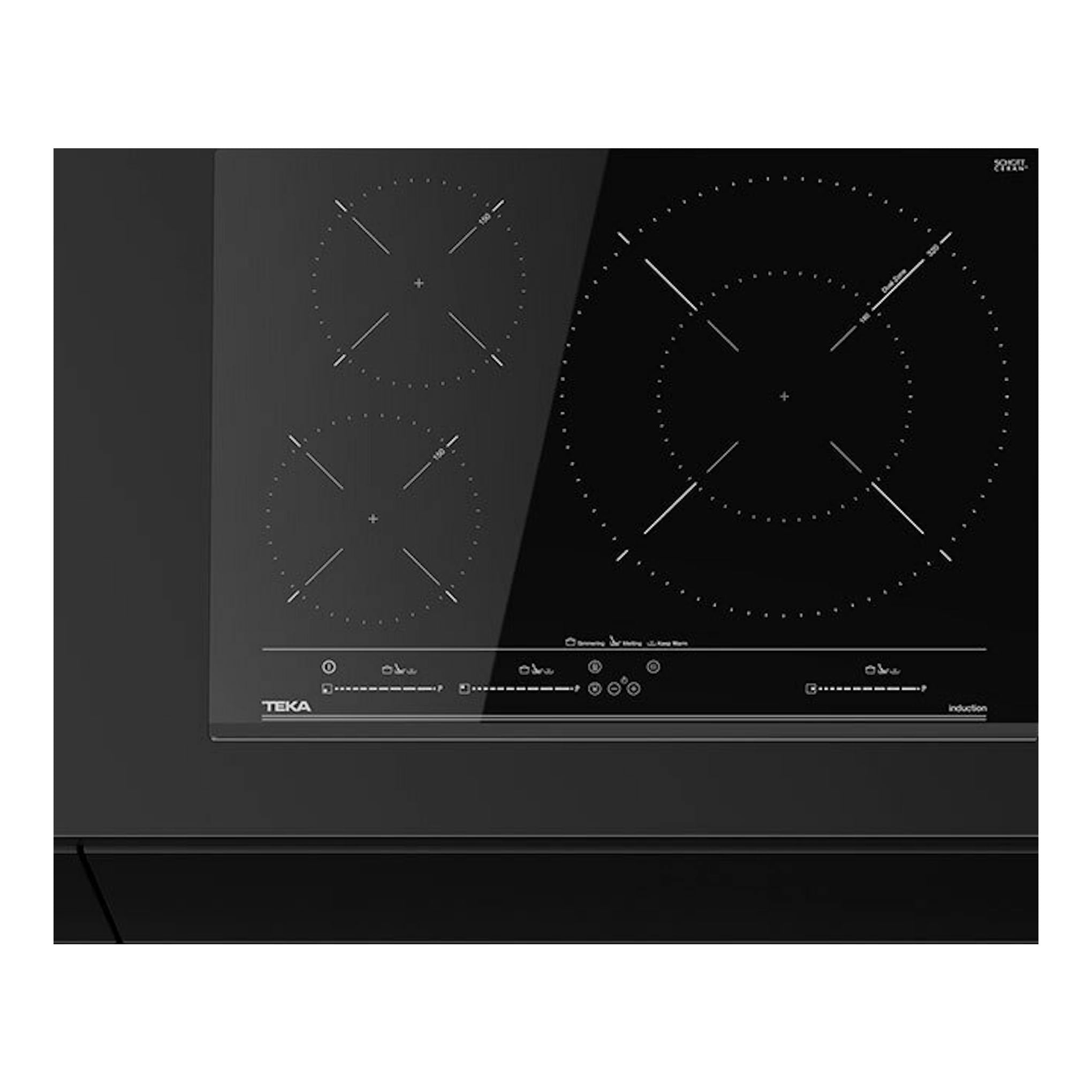 Placa de inducción Teka IZC53320MSP negra, vista frontal, con tres zonas de cocción y panel táctil.