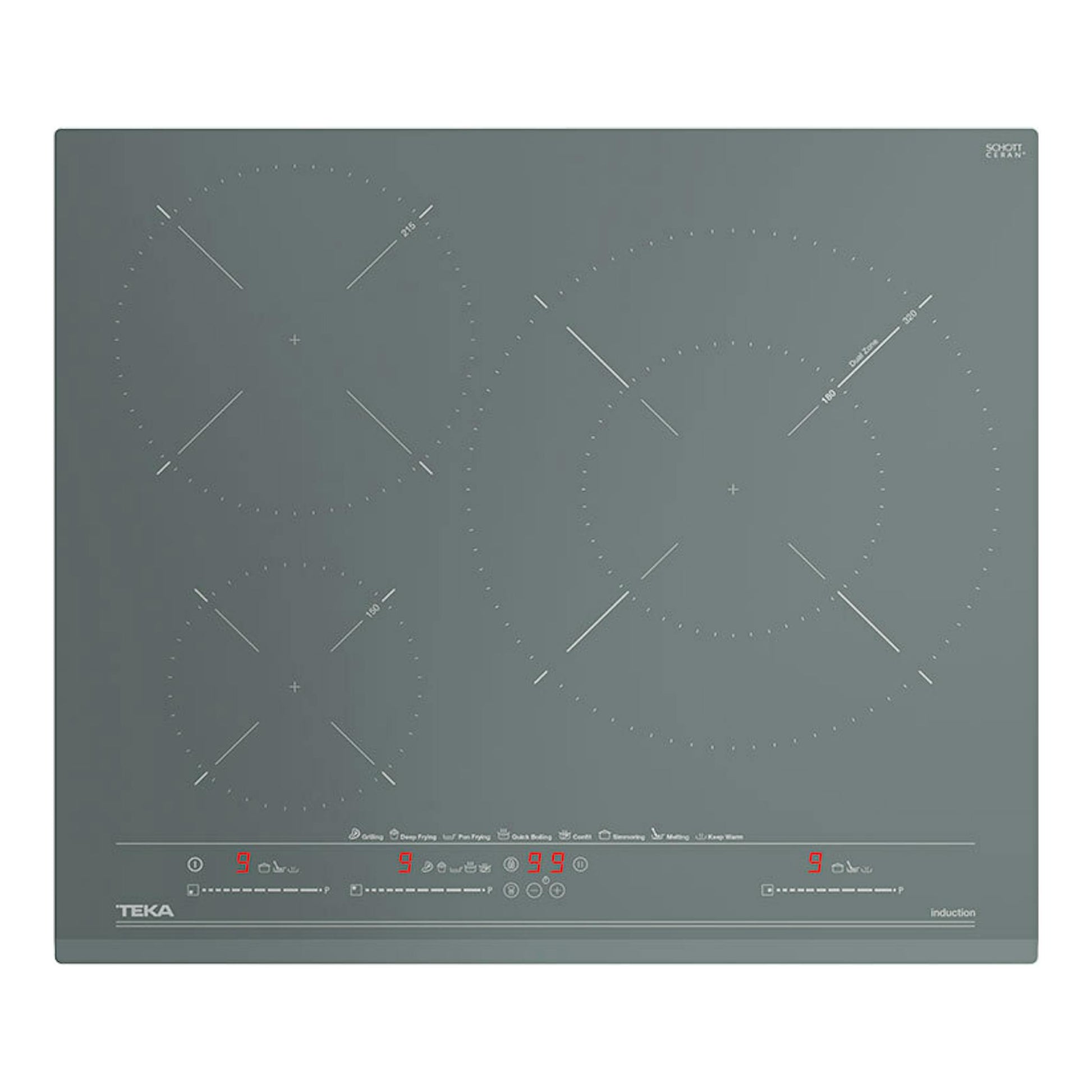 Placa de inducción Teka gris, vista frontal, con tres zonas de cocción y controles táctiles.