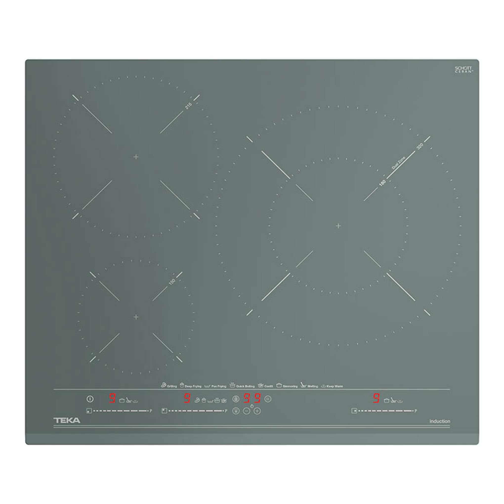 Placa de inducción Teka gris, vista frontal, con tres zonas de cocción y controles táctiles.