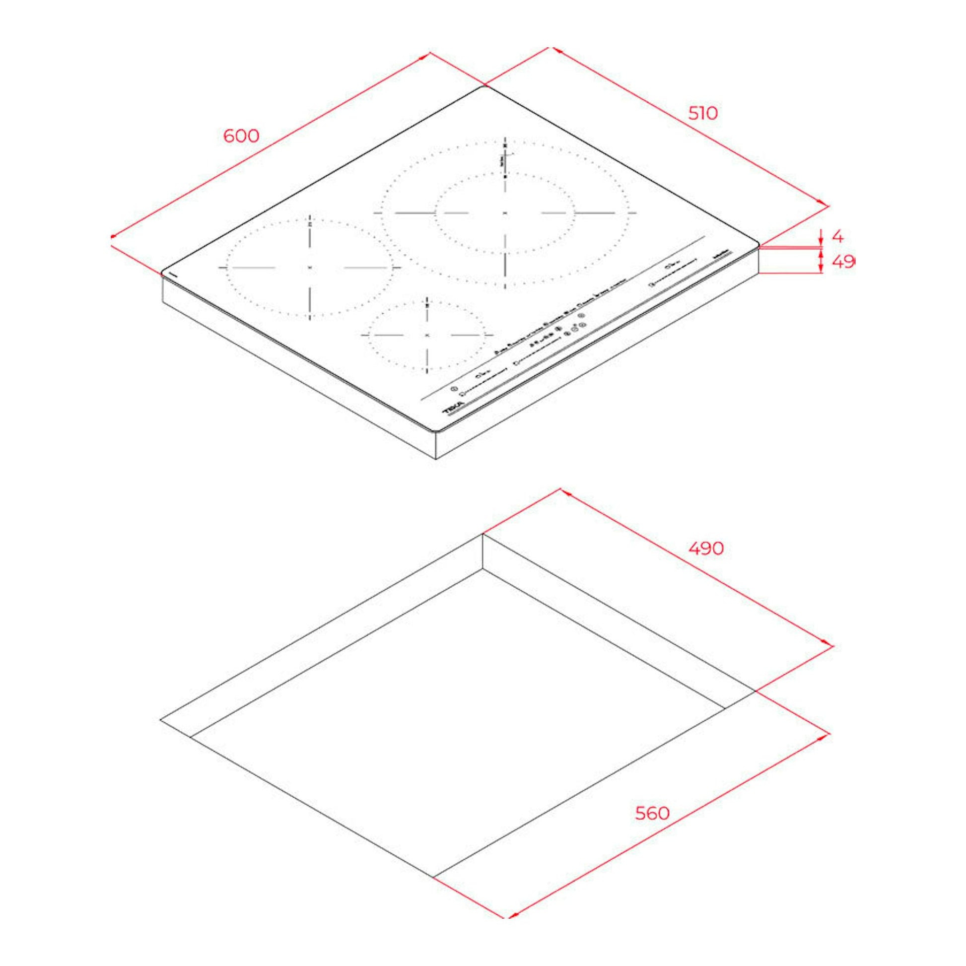 Dibujo técnico isométrico de la placa de inducción Teka IZC63630ST, con medidas y hueco de encastre.