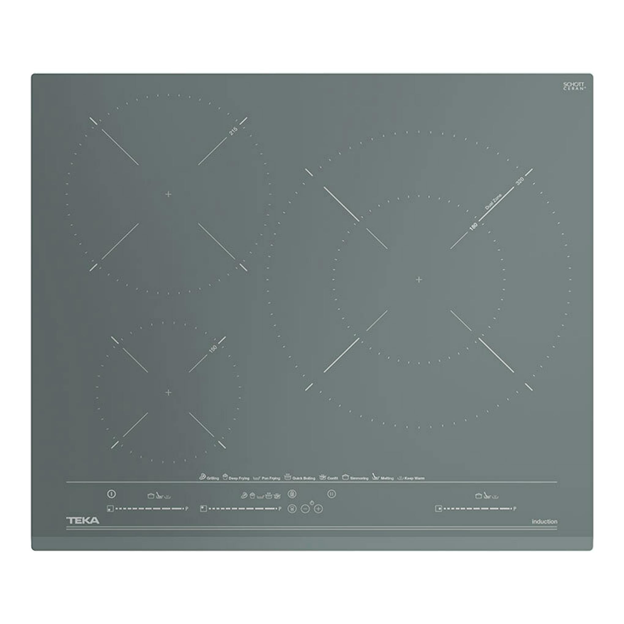 Placa de inducción Teka IZC63630ST gris, vista frontal, con cuatro zonas de cocción circulares.