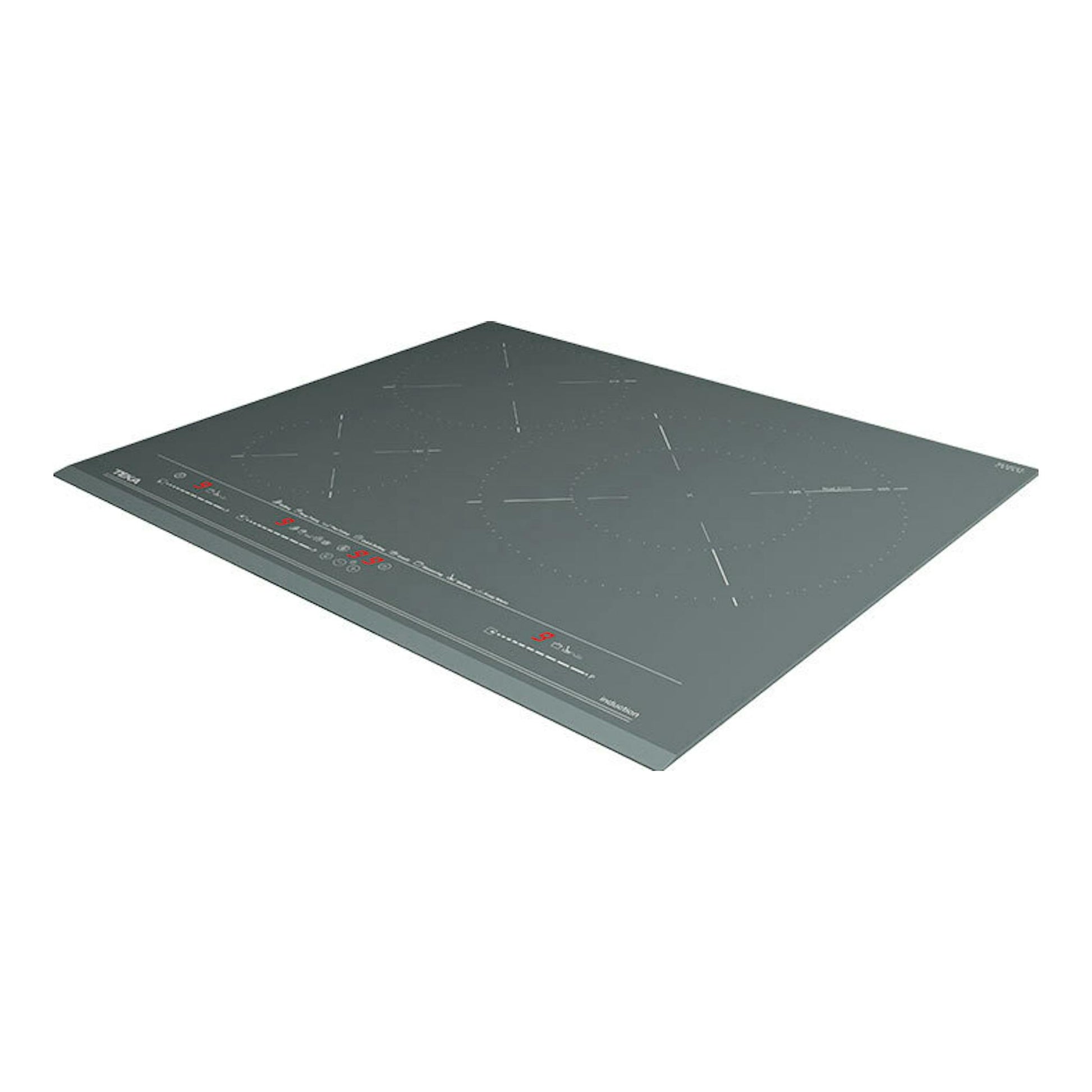 Placa de inducción Teka IZC63630ST negra, vista en perspectiva, con tres zonas de cocción.