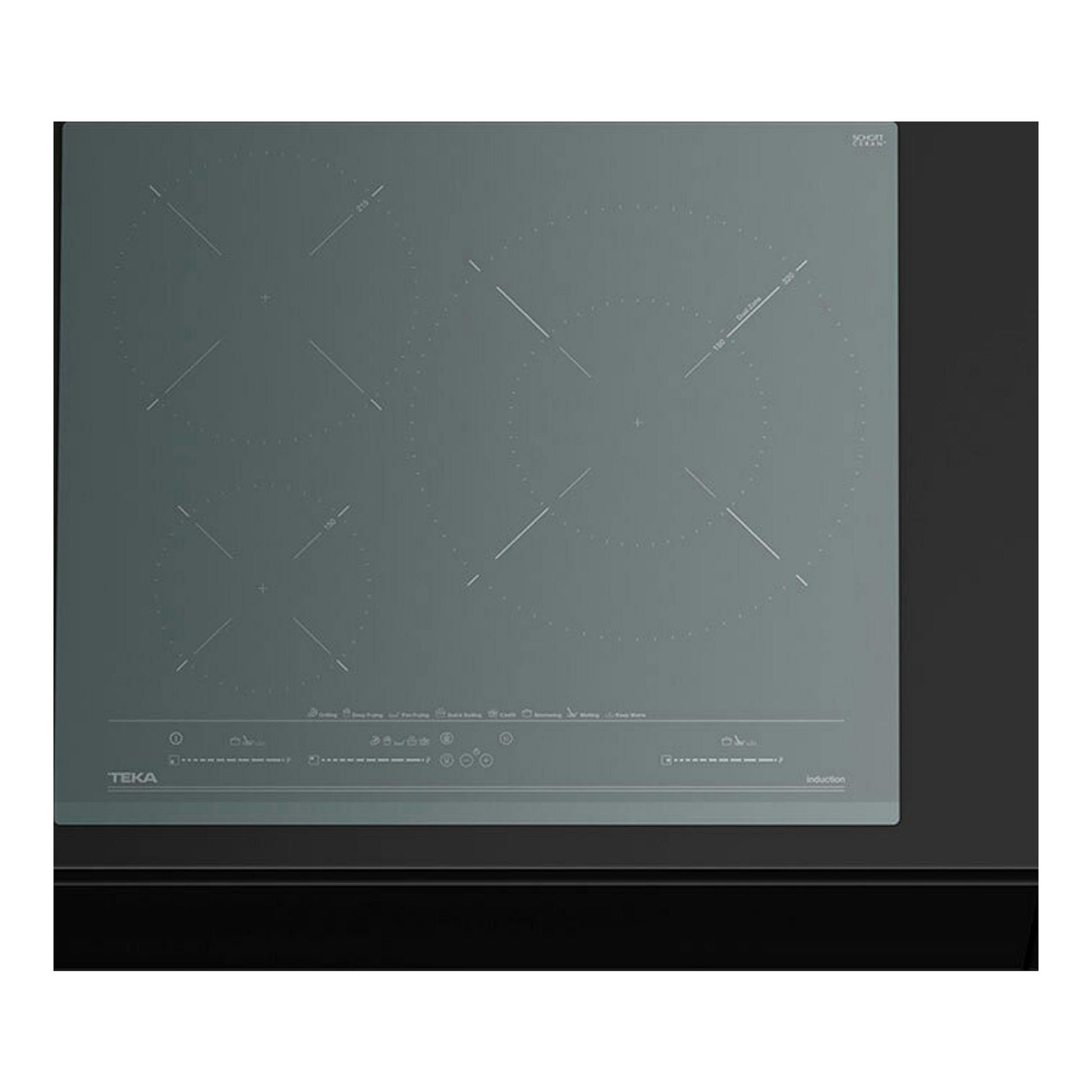 Placa de inducción Teka IZC63630ST de 60 cm, gris, vista frontal cenital, con 3 zonas de cocción.