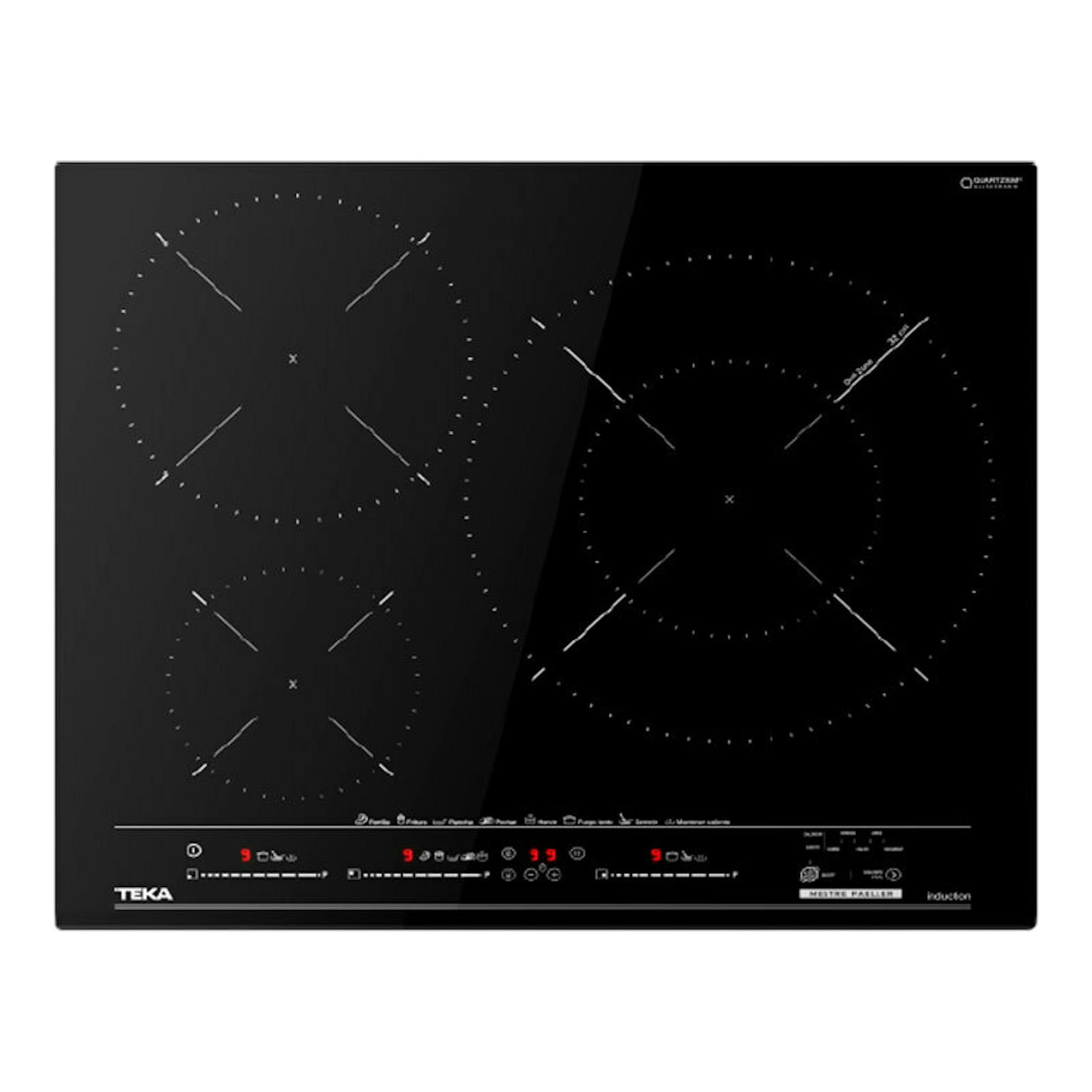 Placa de inducción Teka IZC63632MPT negra, vista superior, con cuatro zonas de cocción.