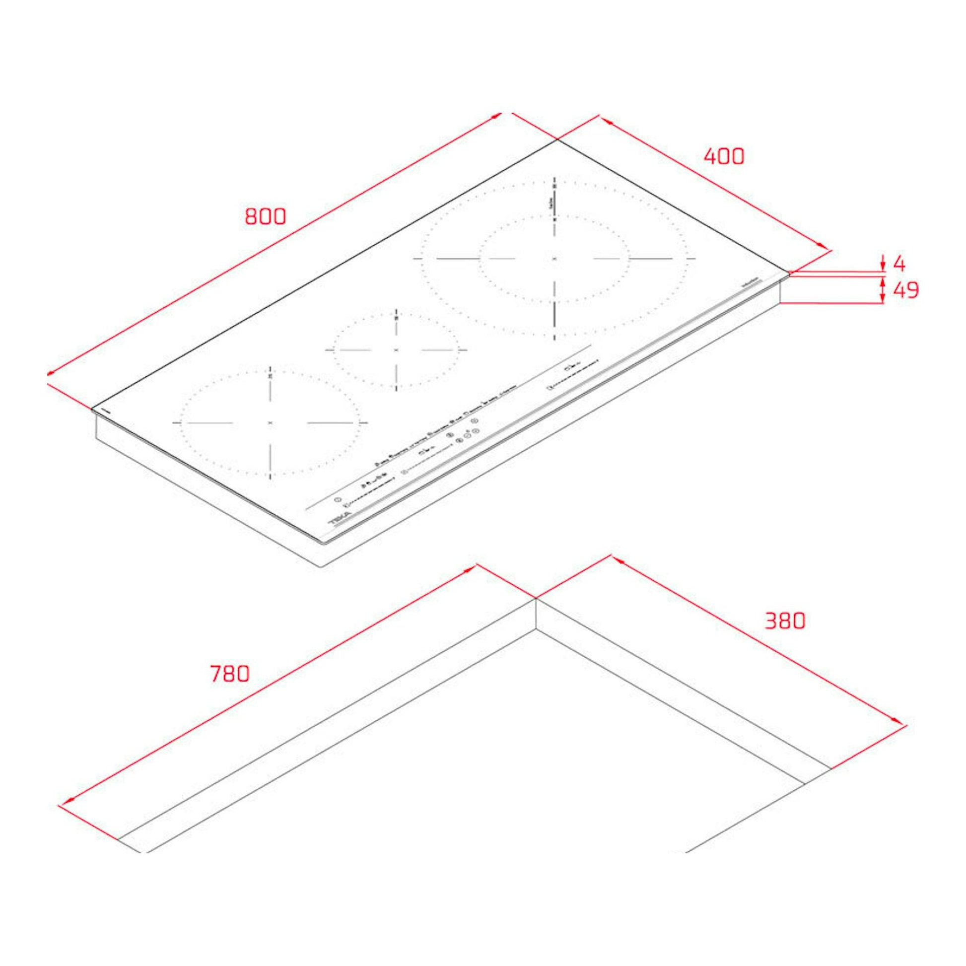 Placa de inducción Teka IZC83620MST, vista isométrica blanca con medidas y hueco de instalación.