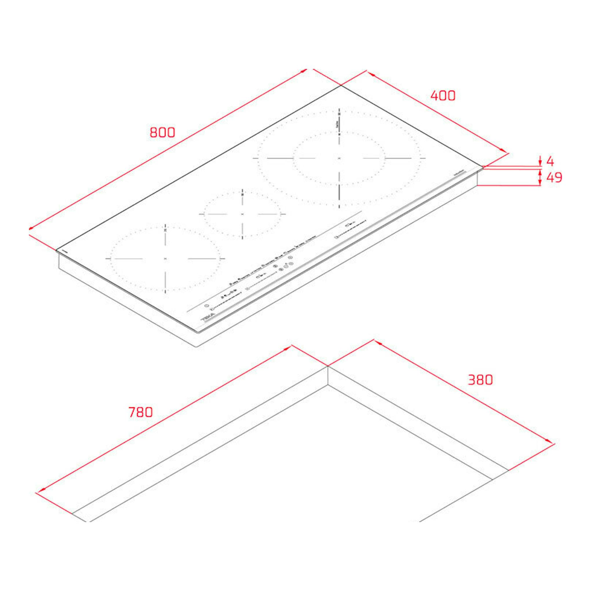 Placa de inducción Teka IZC83620MST, vista isométrica blanca con medidas y hueco de instalación.