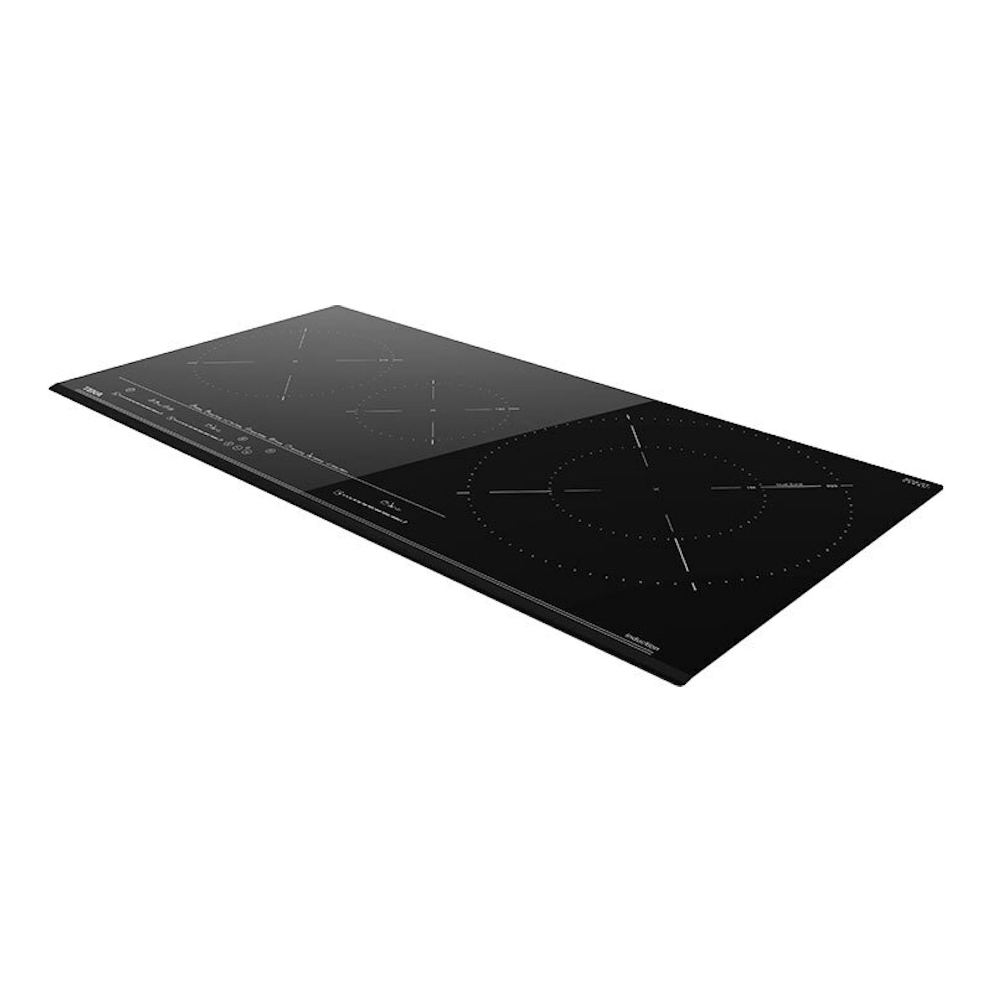 Placa de inducción Teka IZC83620MST negra, vista en perspectiva, con cuatro zonas de cocción.