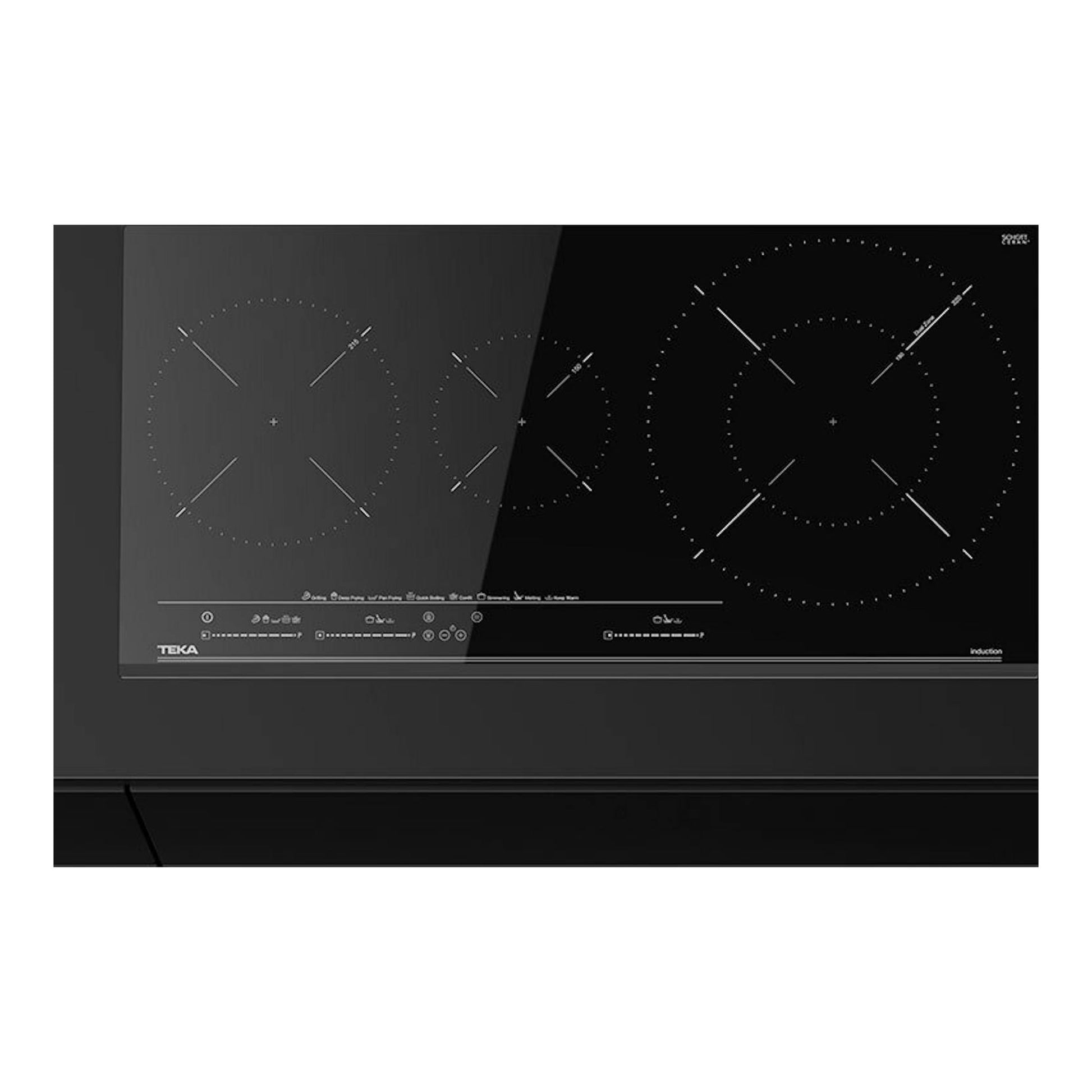 Placa de inducción Teka IZC83620MST negra, vista frontal con tres zonas de cocción.