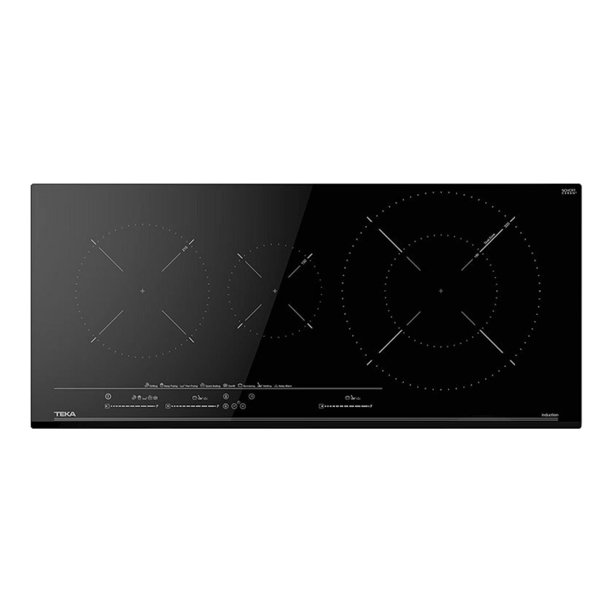 Placa de inducción Teka IZC93320MST negra, vista frontal, con tres zonas de cocción circulares.