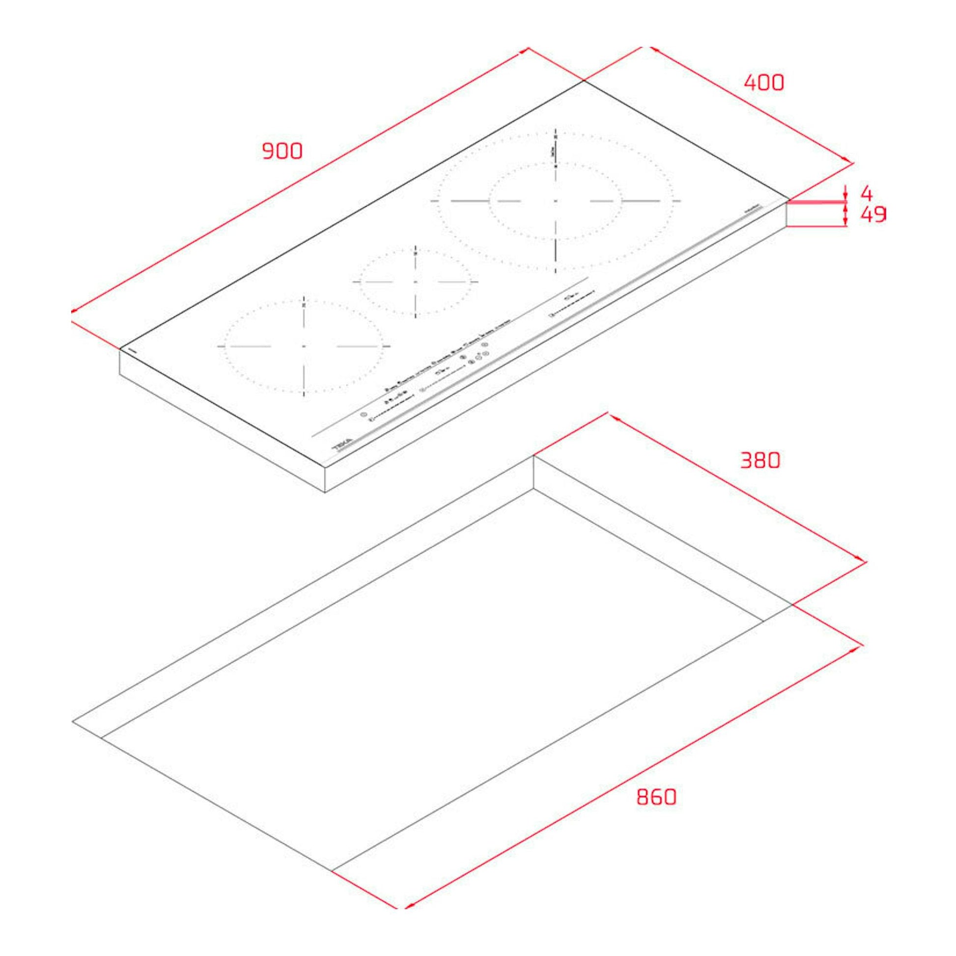 Esquema técnico de placa de inducción Teka IZC93320MST negra, vista isométrica, con medidas 900x400 mm.