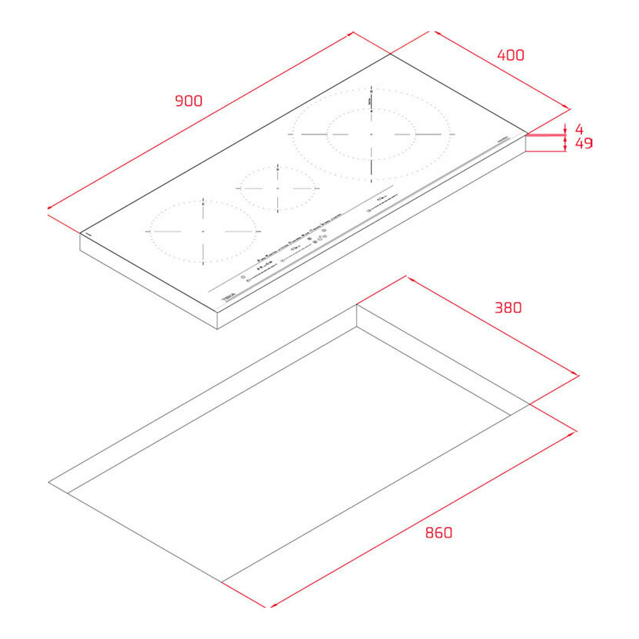 Esquema técnico de placa de inducción Teka IZC93320MST negra, vista isométrica, con medidas 900x400 mm.