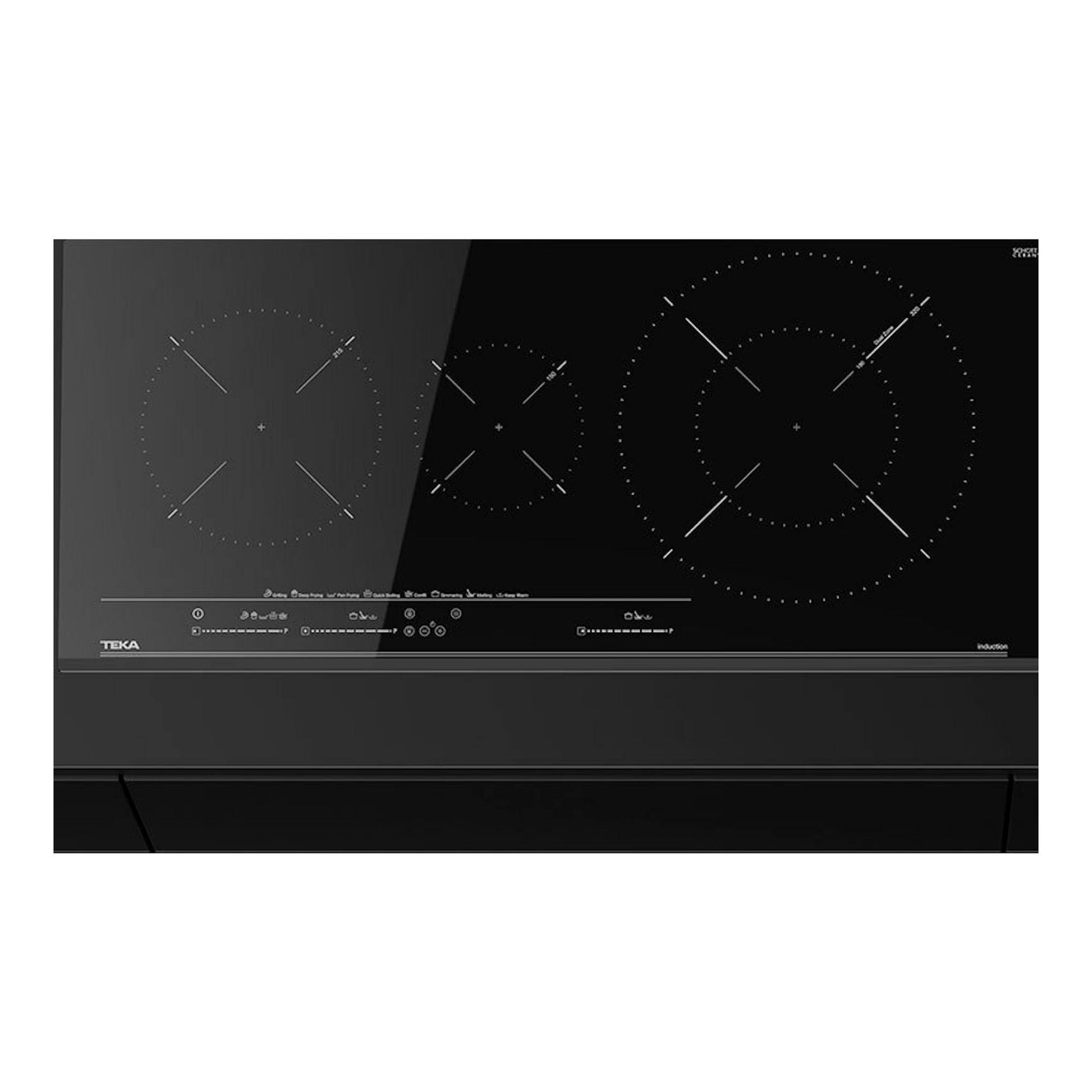 Placa de inducción Teka IZC93320MST negra, vista frontal, con tres zonas de cocción circulares.