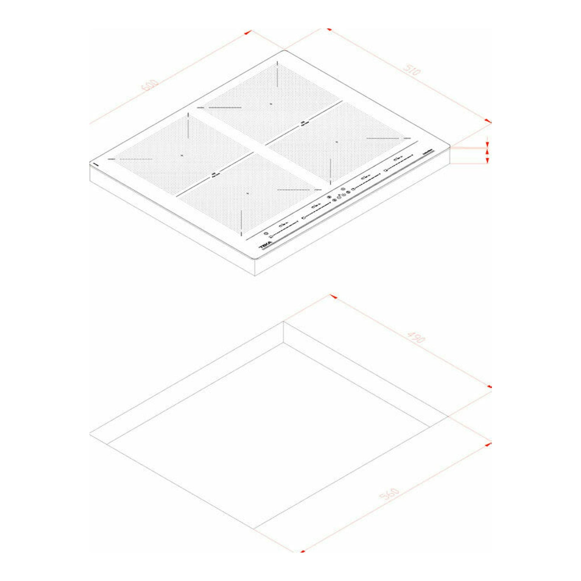 Placa de inducción Teka IZF 64600 BK MSP, vista isométrica en blanco y negro, con 4 zonas de cocción.