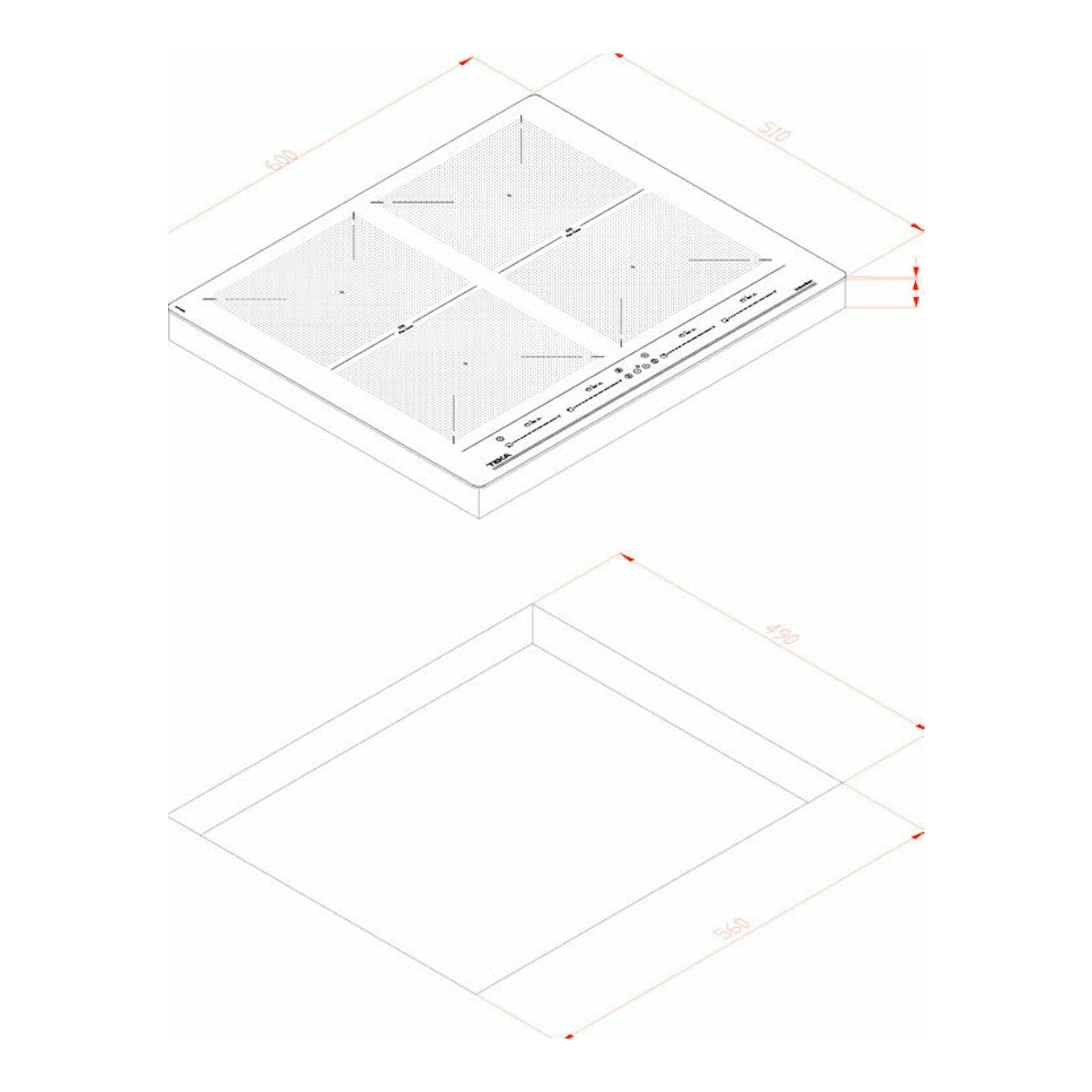 Placa de inducción Teka IZF 64600 BK MSP, vista isométrica en blanco y negro, con 4 zonas de cocción.