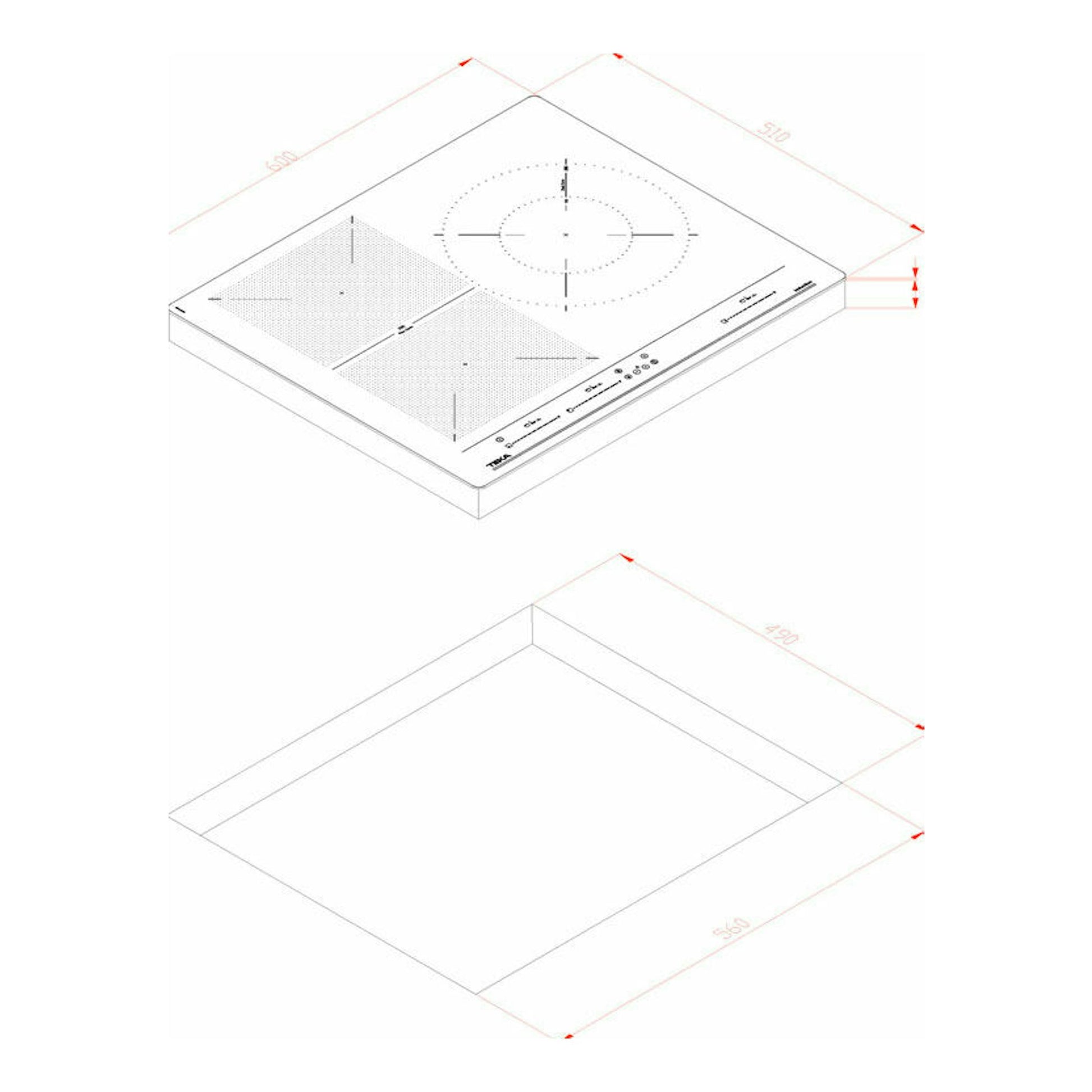 Placa de inducción Teka IZF 65320 BK MSP negra, vista isométrica superior con medidas de 60 cm.