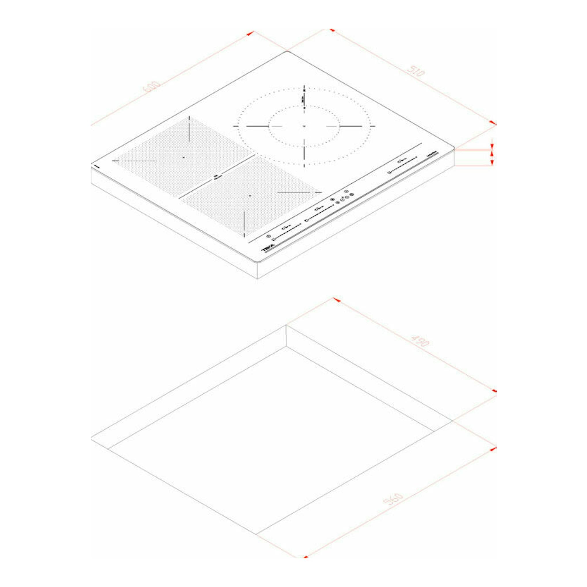 Placa de inducción Teka IZF 65320 BK MSP negra, vista isométrica superior con medidas de 60 cm.