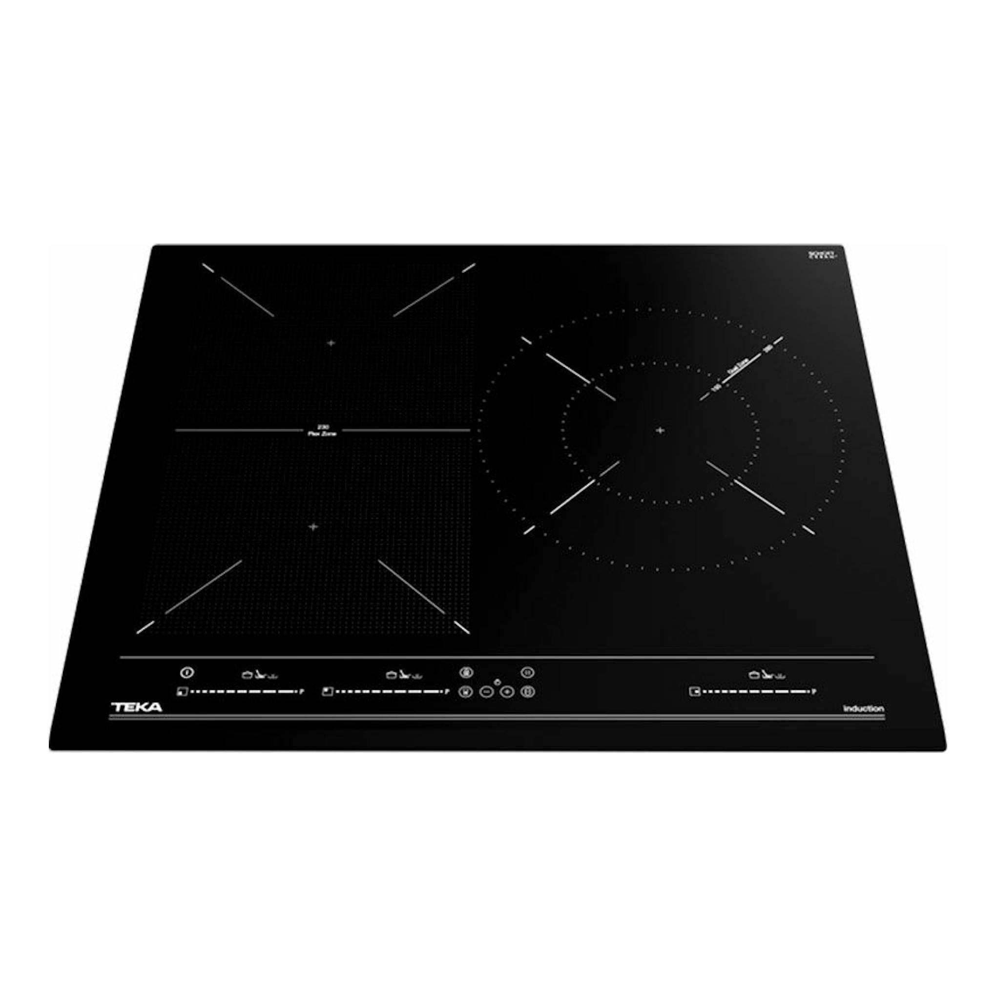 Placa de inducción Teka IZF 65320 BK MSP negra, vista frontal superior, con cuatro zonas de cocción.