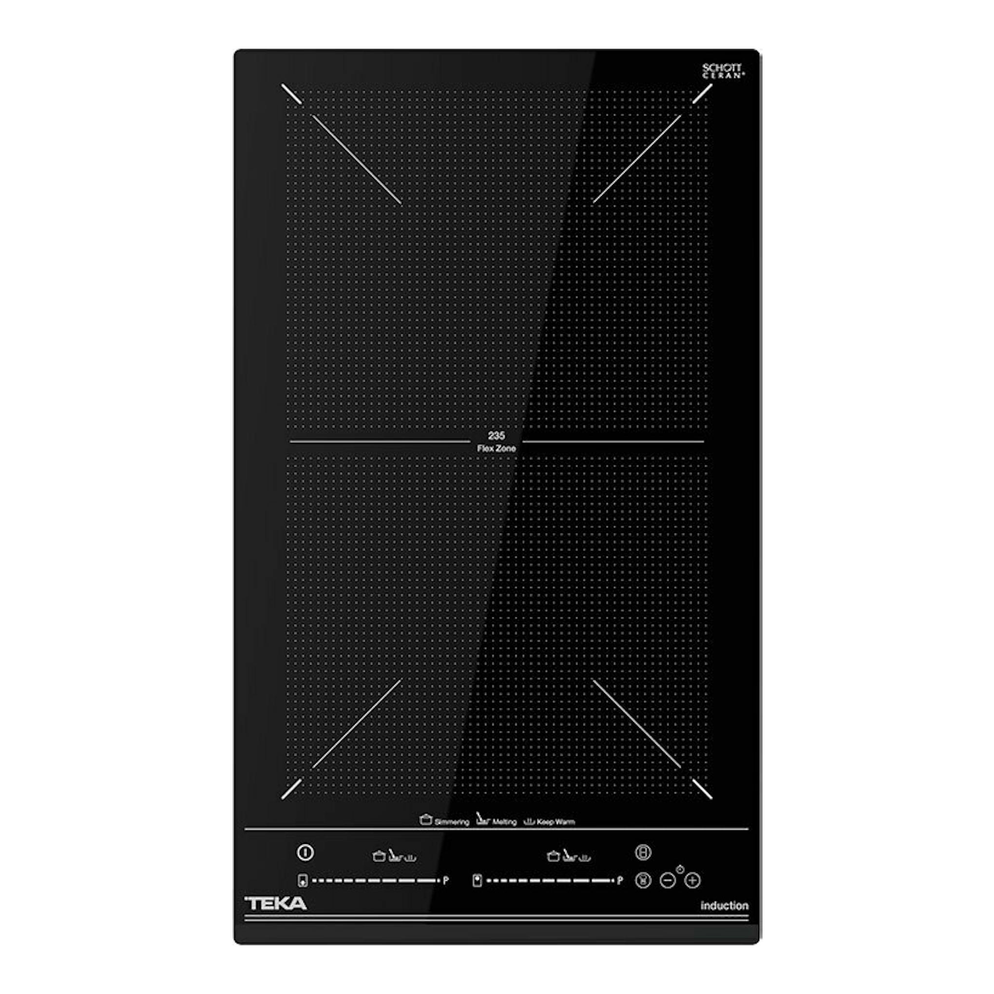Placa de inducción Teka IZF32400MSP negra, vista frontal, con dos zonas Flex.