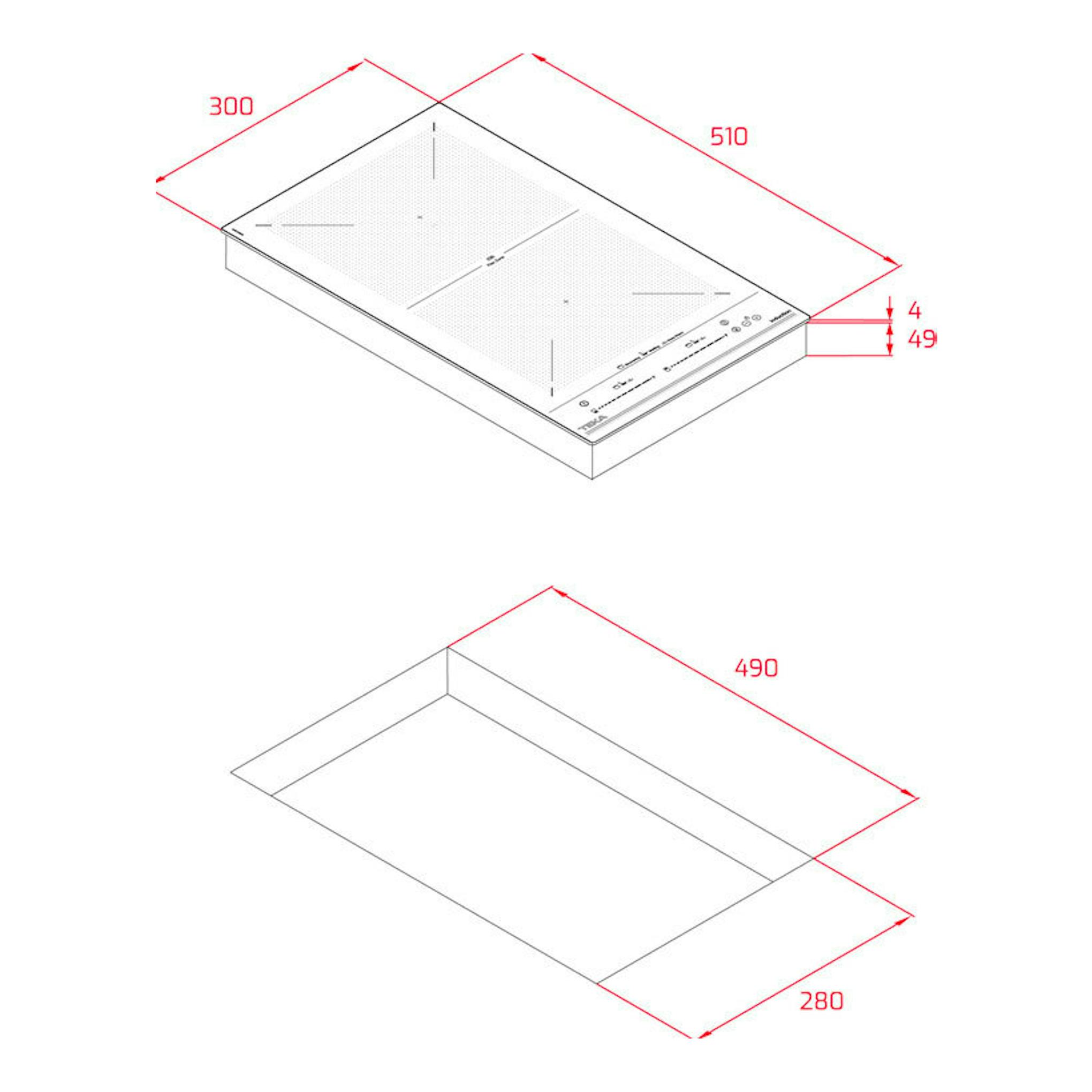 Placa de inducción Teka IZF32400MSP, vista isométrica en blanco y negro, 30 cm, medidas 300x510 y hueco 490x280.